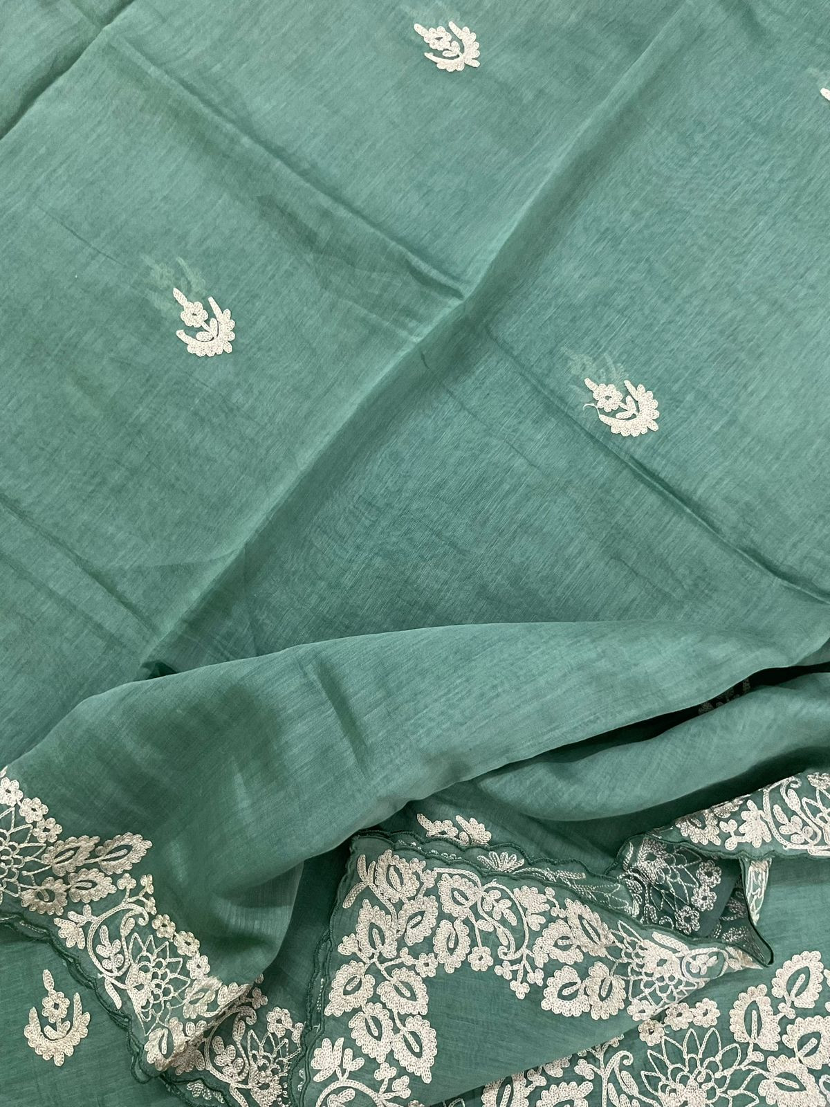 Pure Mul Chanderi Embroidered Suit - Green