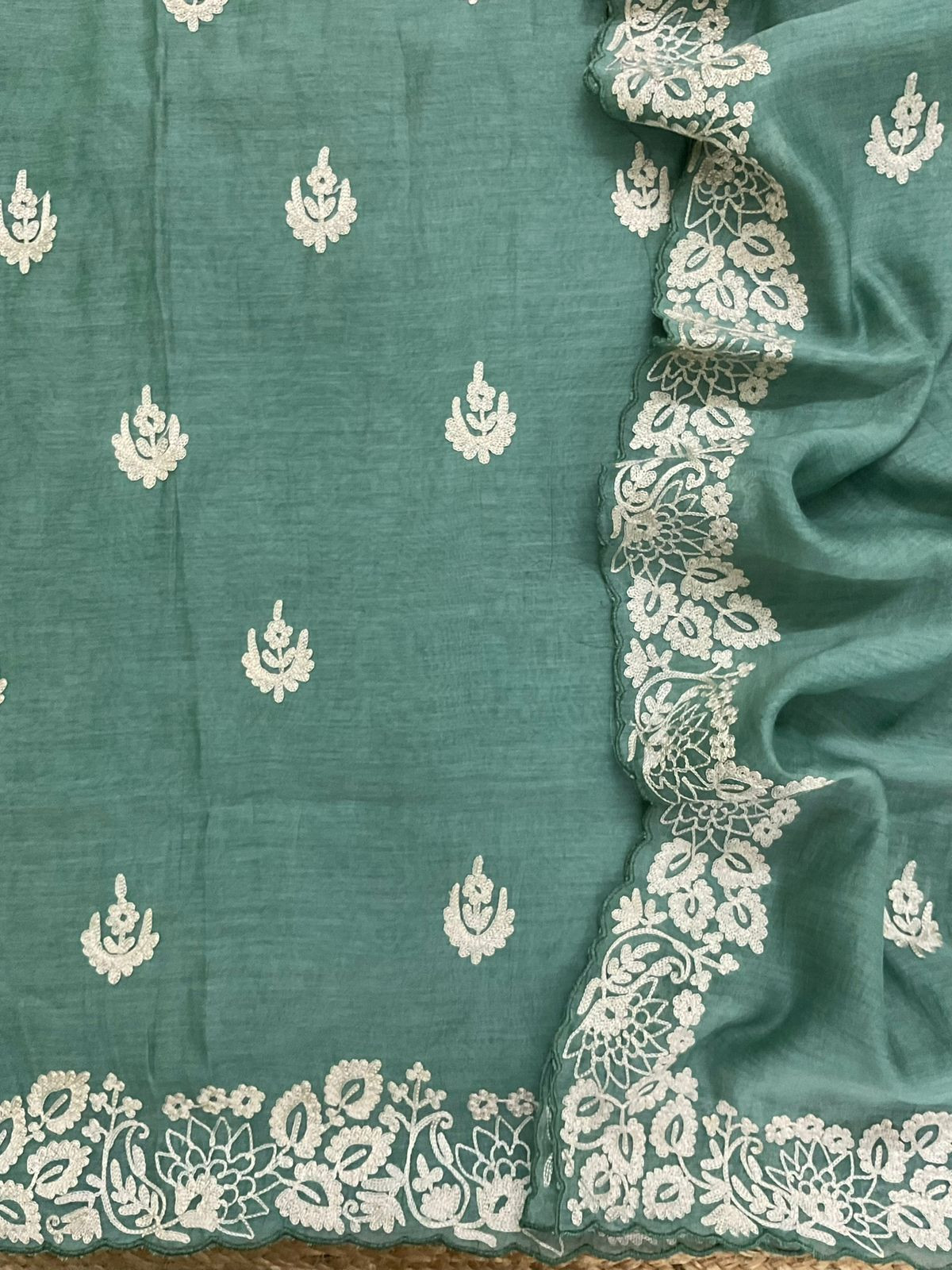 Pure Mul Chanderi Embroidered Suit - Green