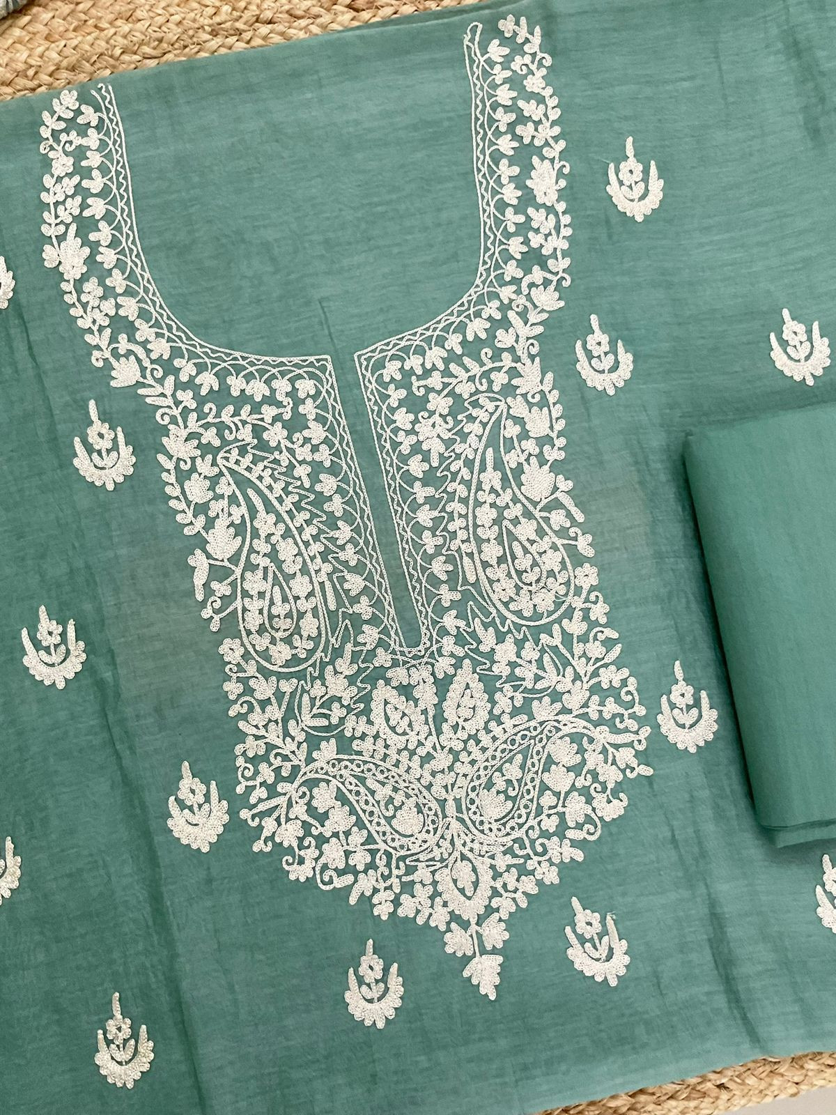 Pure Mul Chanderi Embroidered Suit - Green