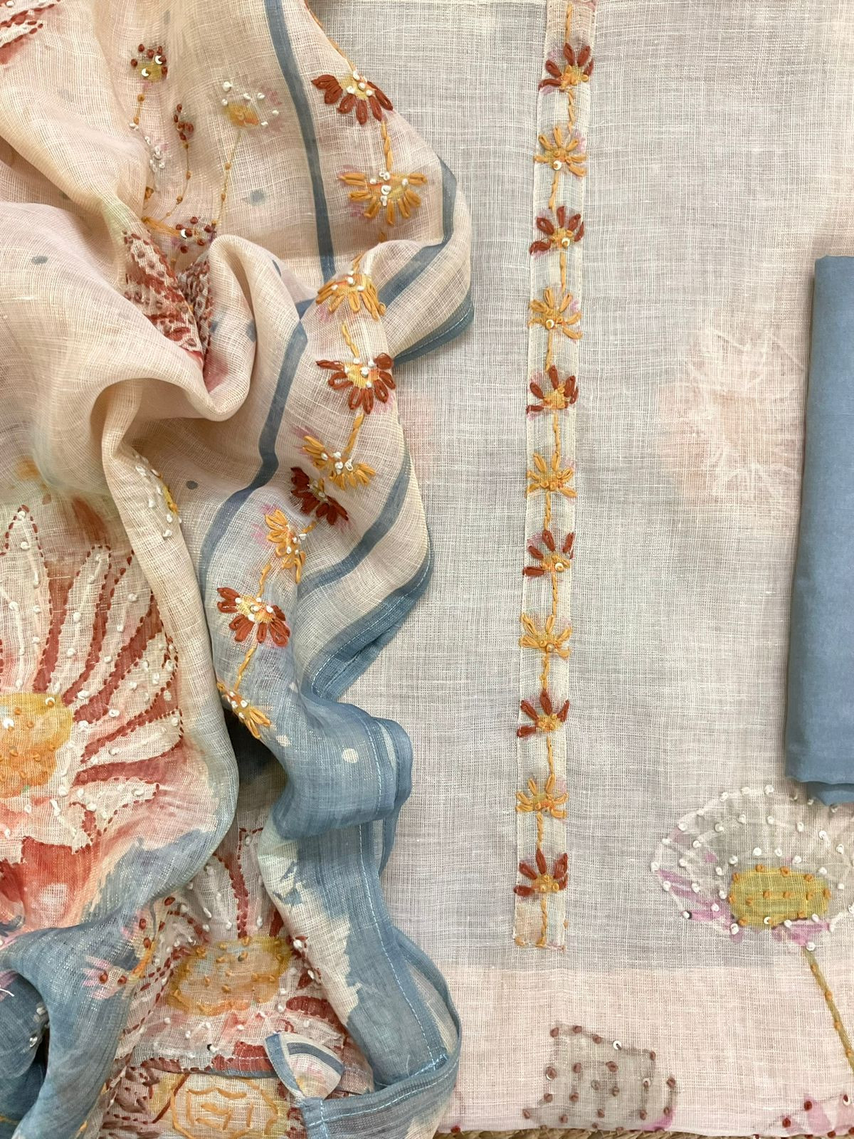 Pure Slub Chanderi Printed Embroidered Suit - Beige