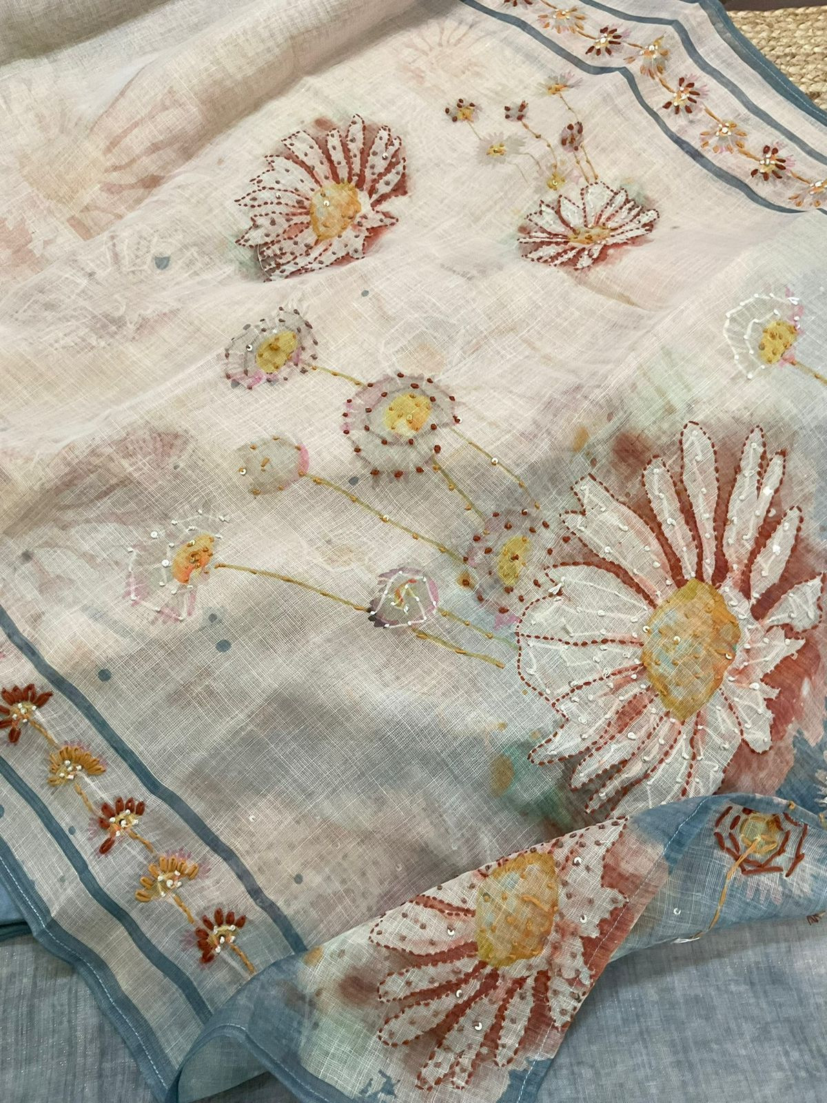 Pure Slub Chanderi Printed Embroidered Suit - Beige