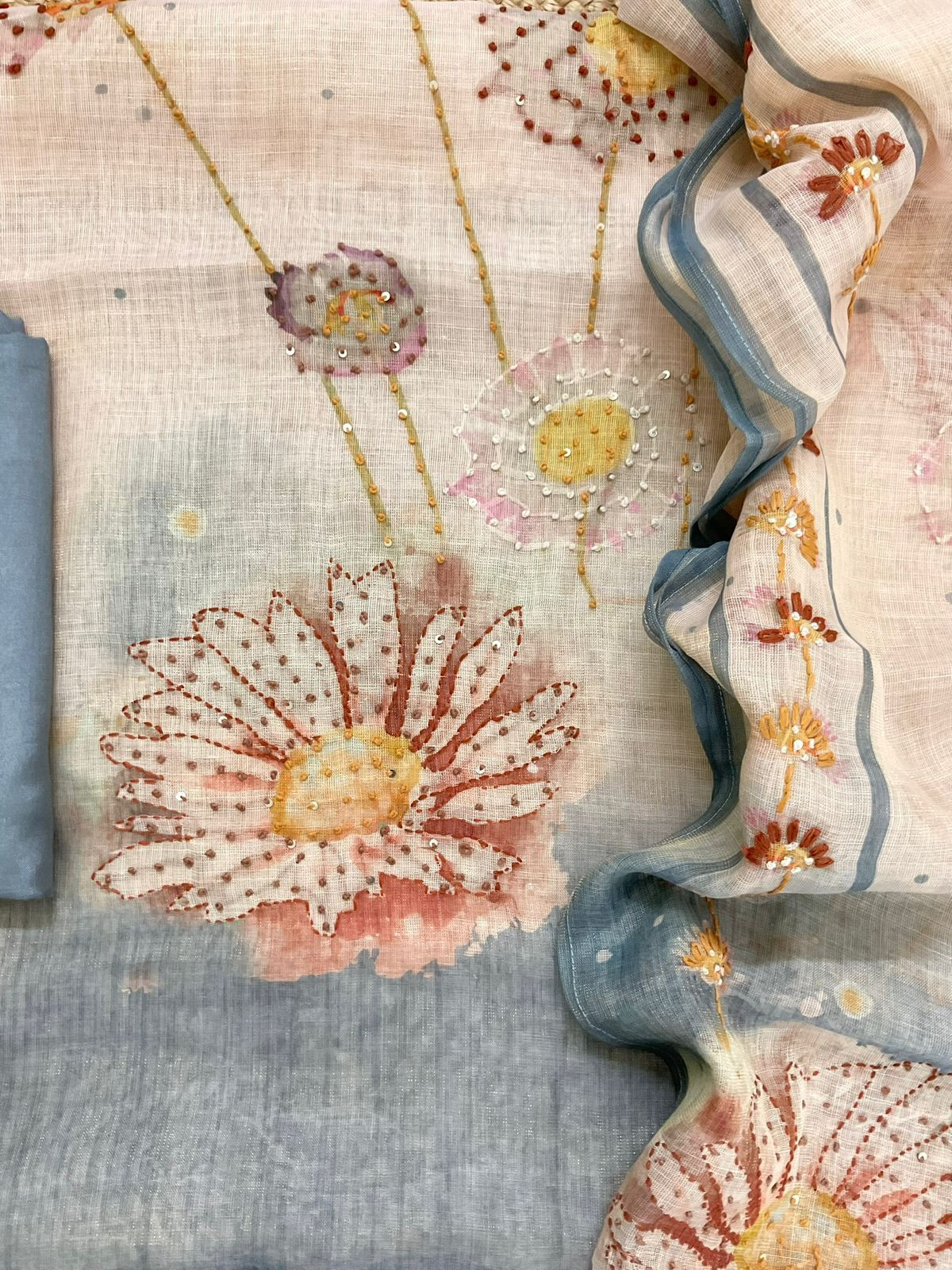 Pure Slub Chanderi Printed Embroidered Suit - Beige