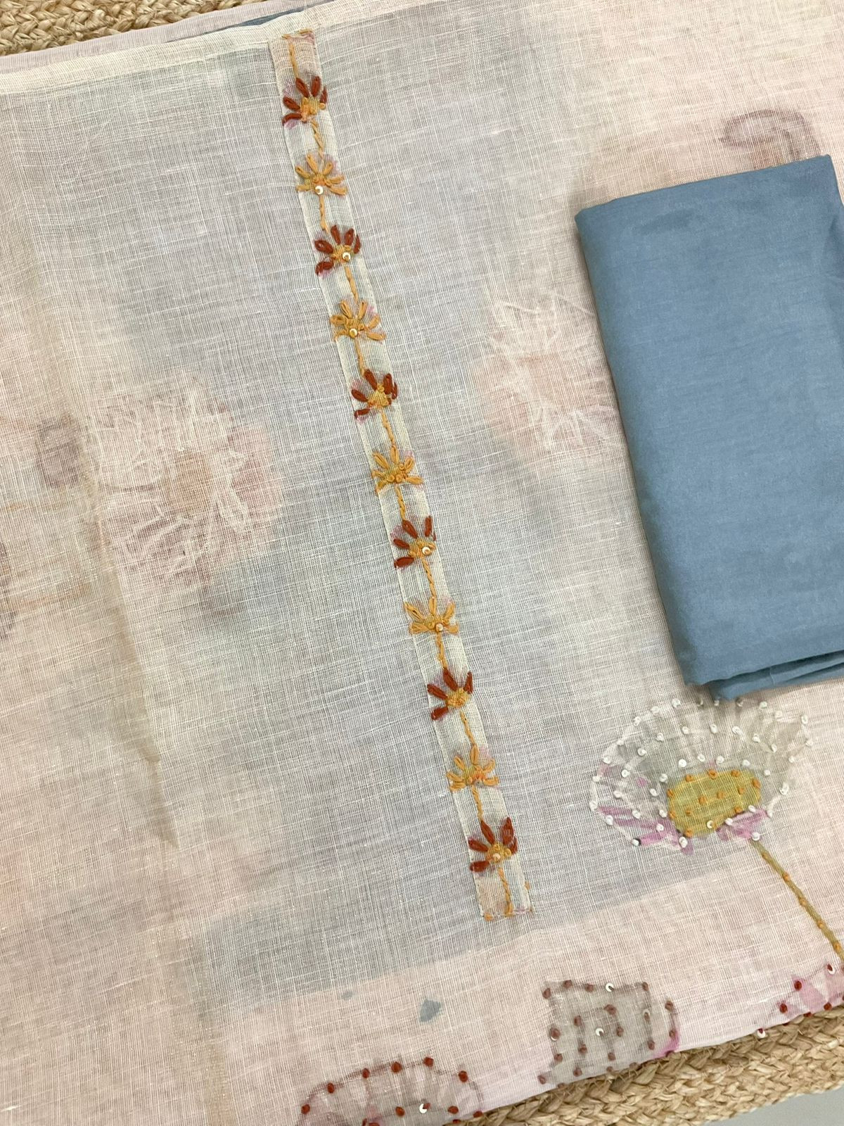 Pure Slub Chanderi Printed Embroidered Suit - Beige