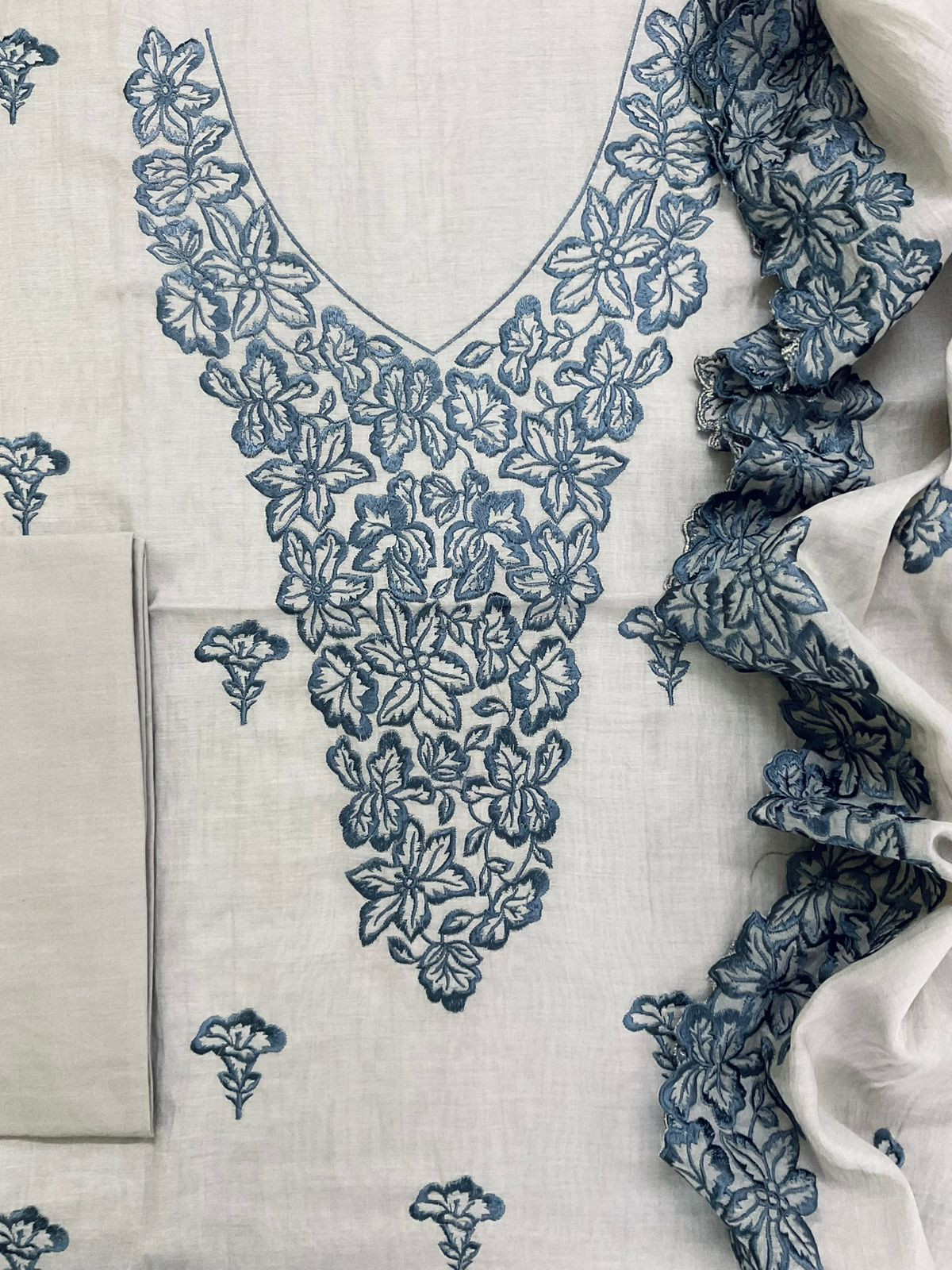 Pure Chanderi Embroidered Suit - Grey