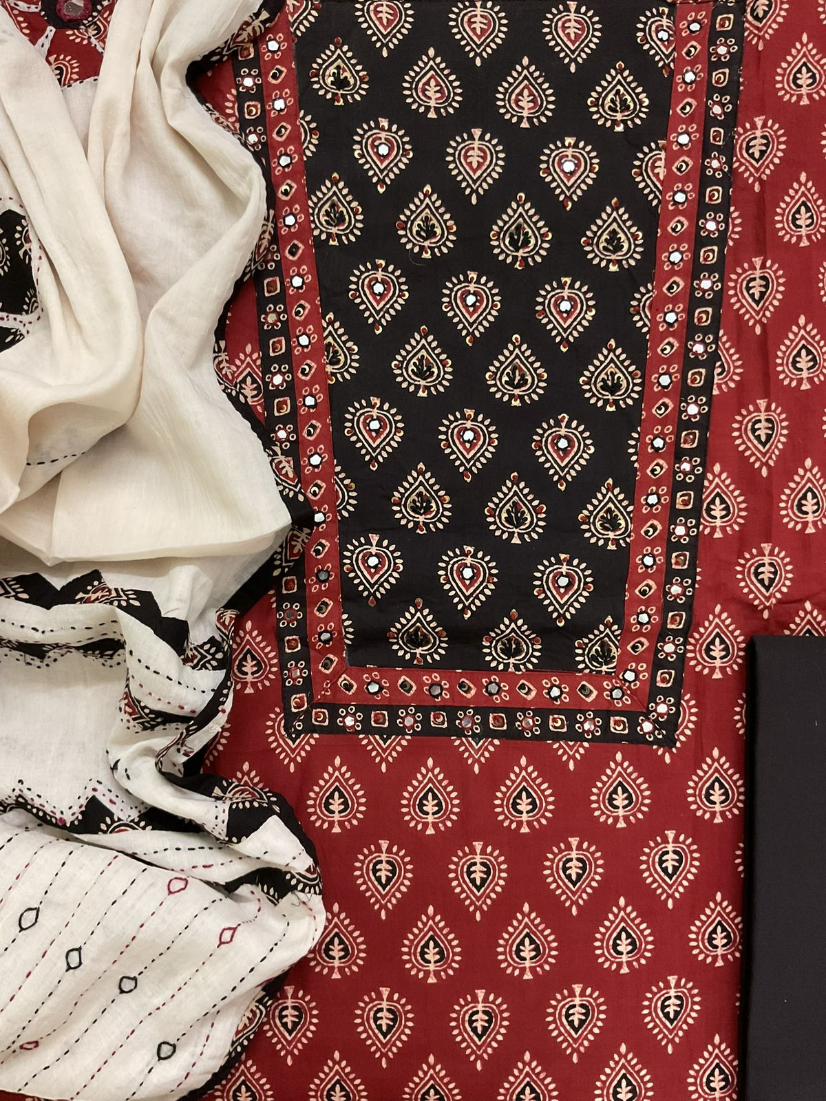 Pure Cotton Printed Embroidered Suit - Maroon