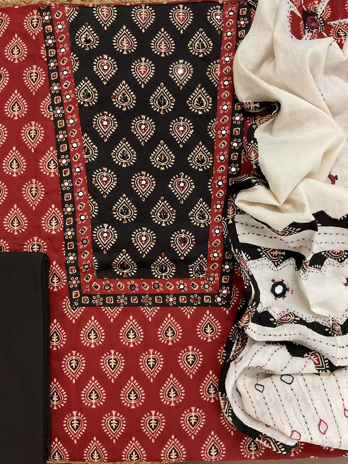 Pure Cotton Printed Embroidered Suit - Maroon