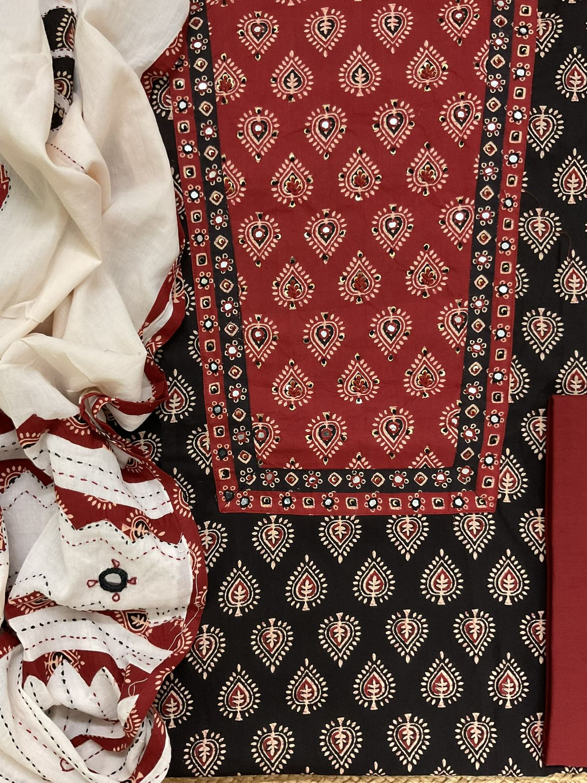 Pure Cotton Printed Embroidered Suit - Black