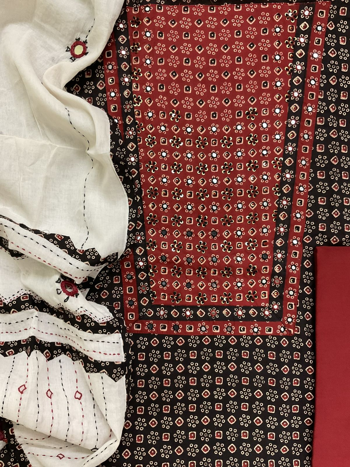 Pure Cotton Printed Embroidered Suit - Black