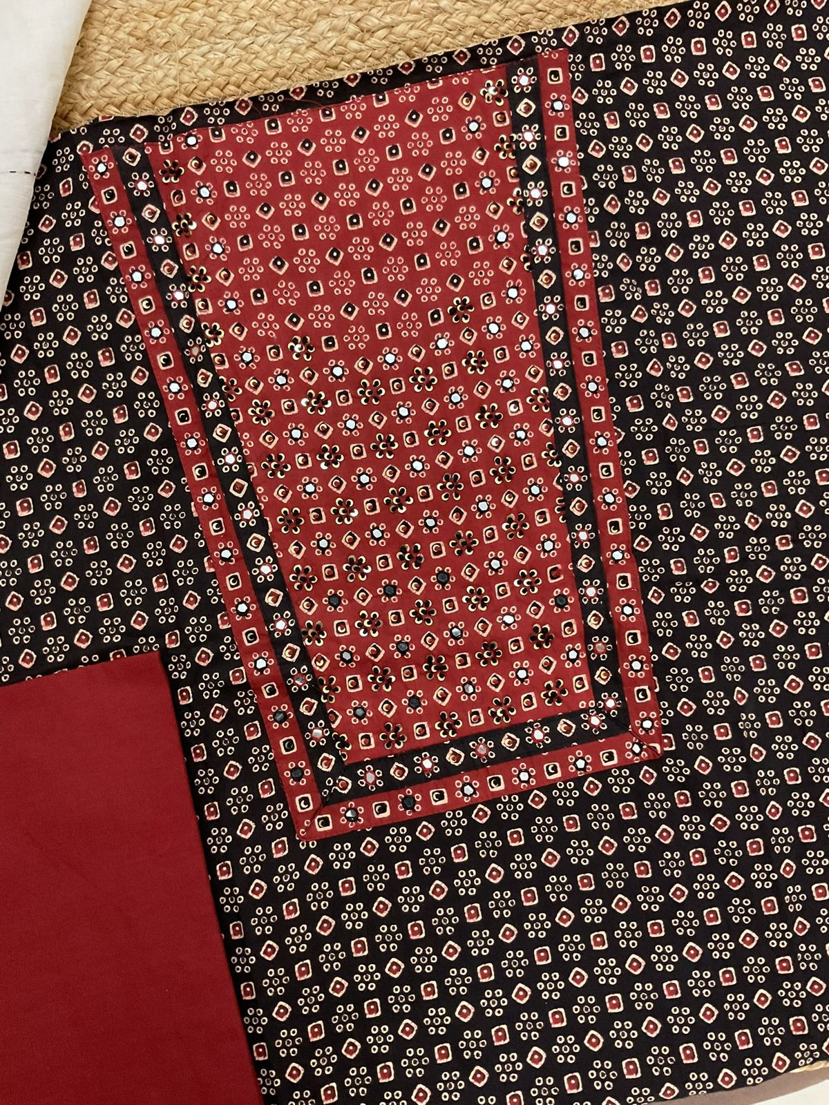 Pure Cotton Printed Embroidered Suit - Black