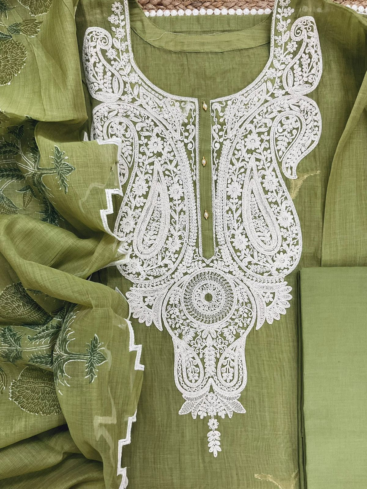Pure Fine Slub Chanderi Jamdani Weaved Printed Embroidered Semi Stitched Suit - Green