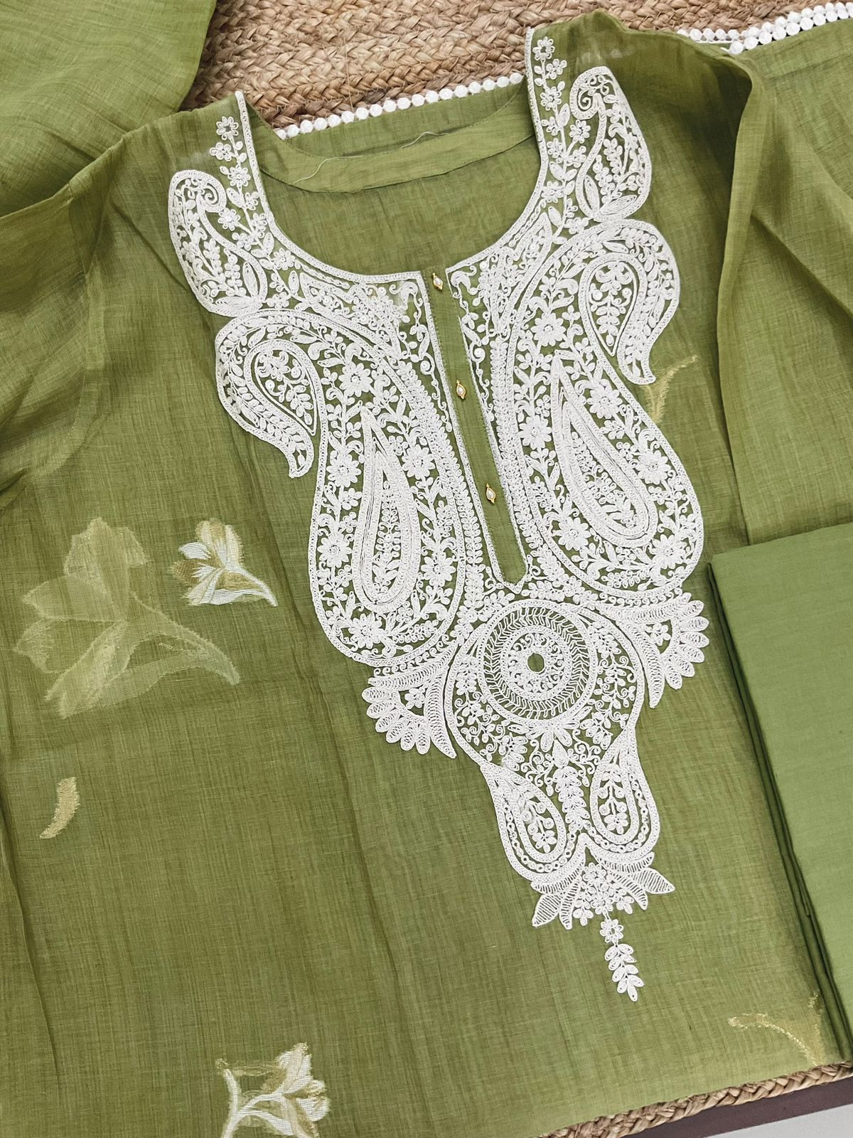 Pure Fine Slub Chanderi Jamdani Weaved Printed Embroidered Semi Stitched Suit - Green