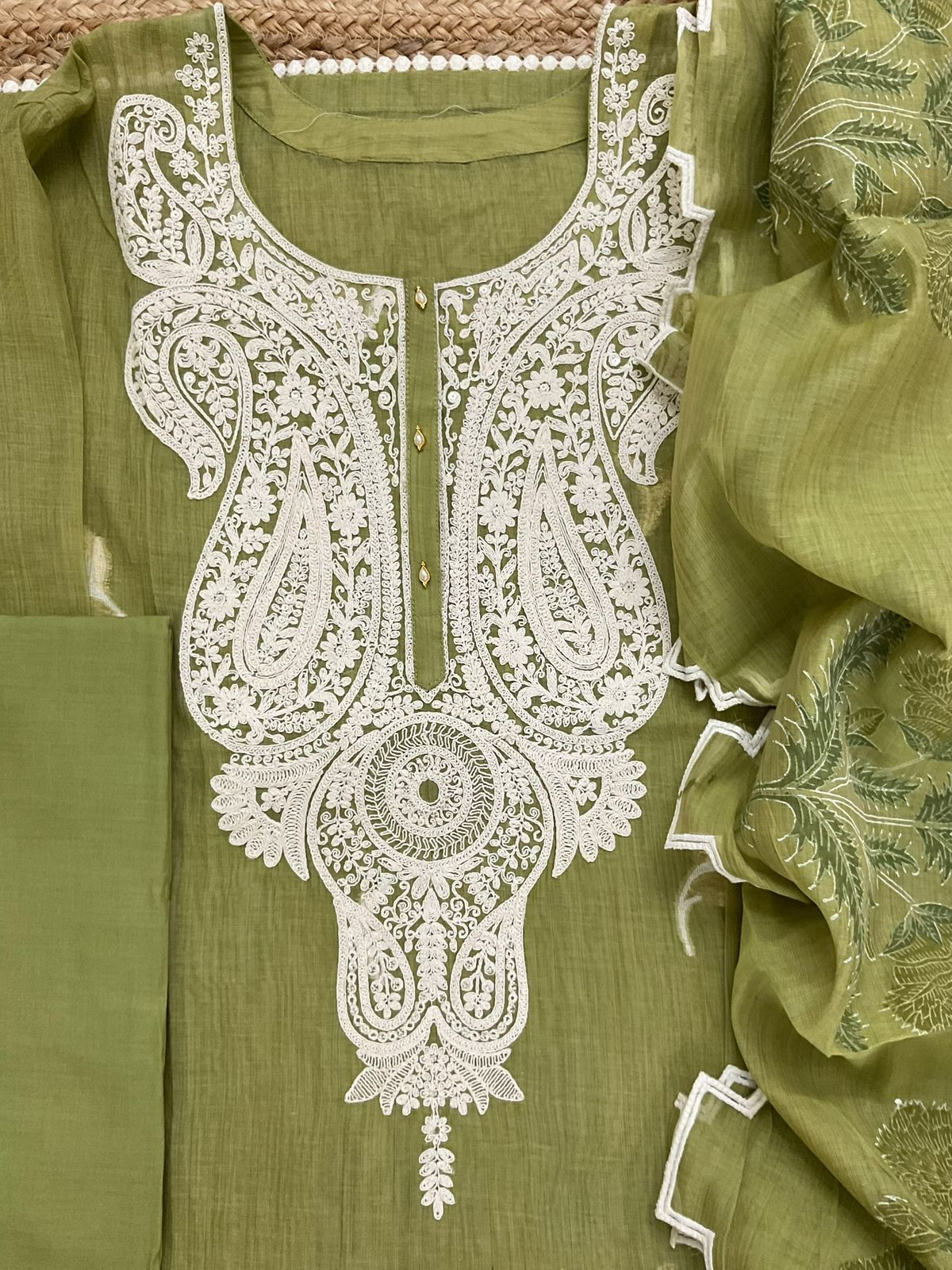Pure Fine Slub Chanderi Jamdani Weaved Printed Embroidered Semi Stitched Suit - Green