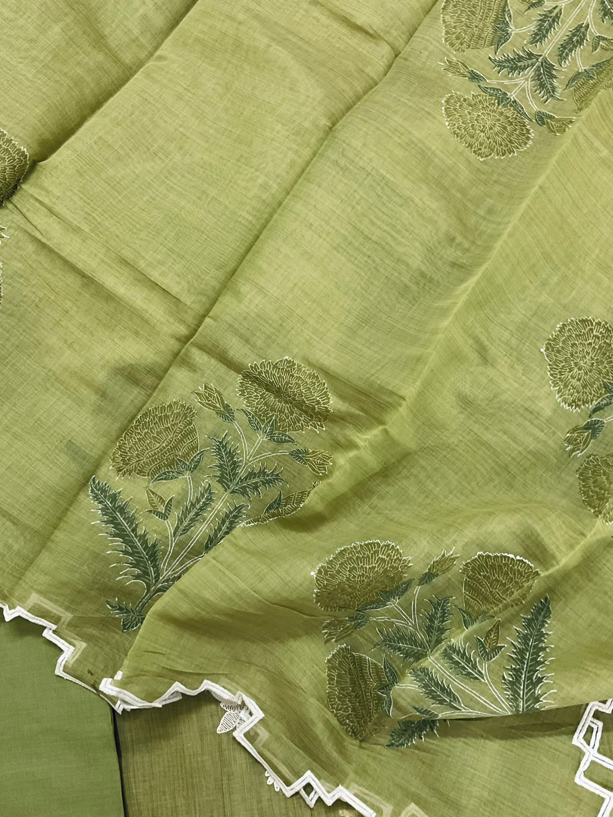 Pure Fine Slub Chanderi Jamdani Weaved Printed Embroidered Semi Stitched Suit - Green