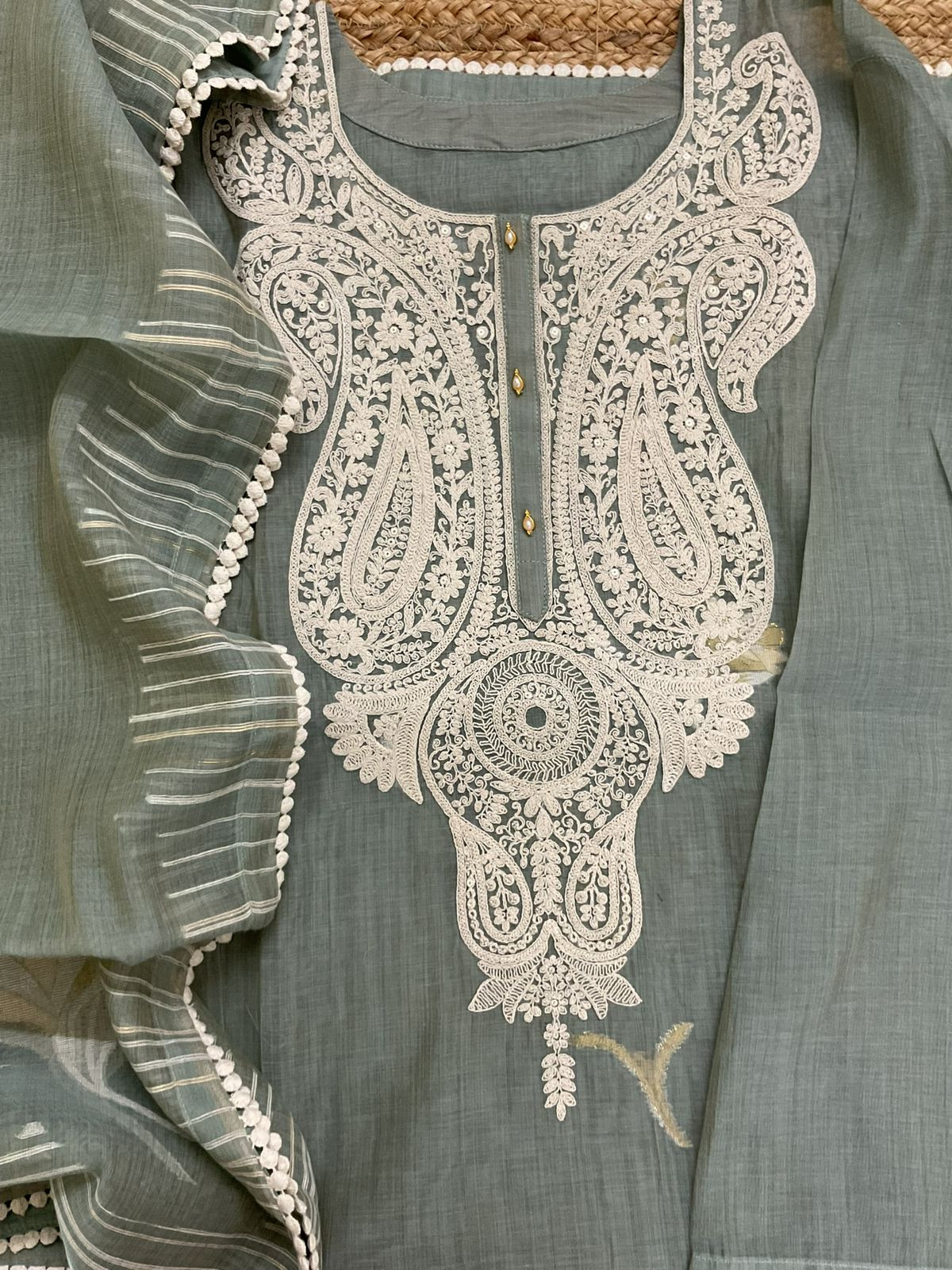 Pure Fine Slub Chanderi Jamdani Weaved Printed Embroidered Semi Stitched Suit - Greyish Blue