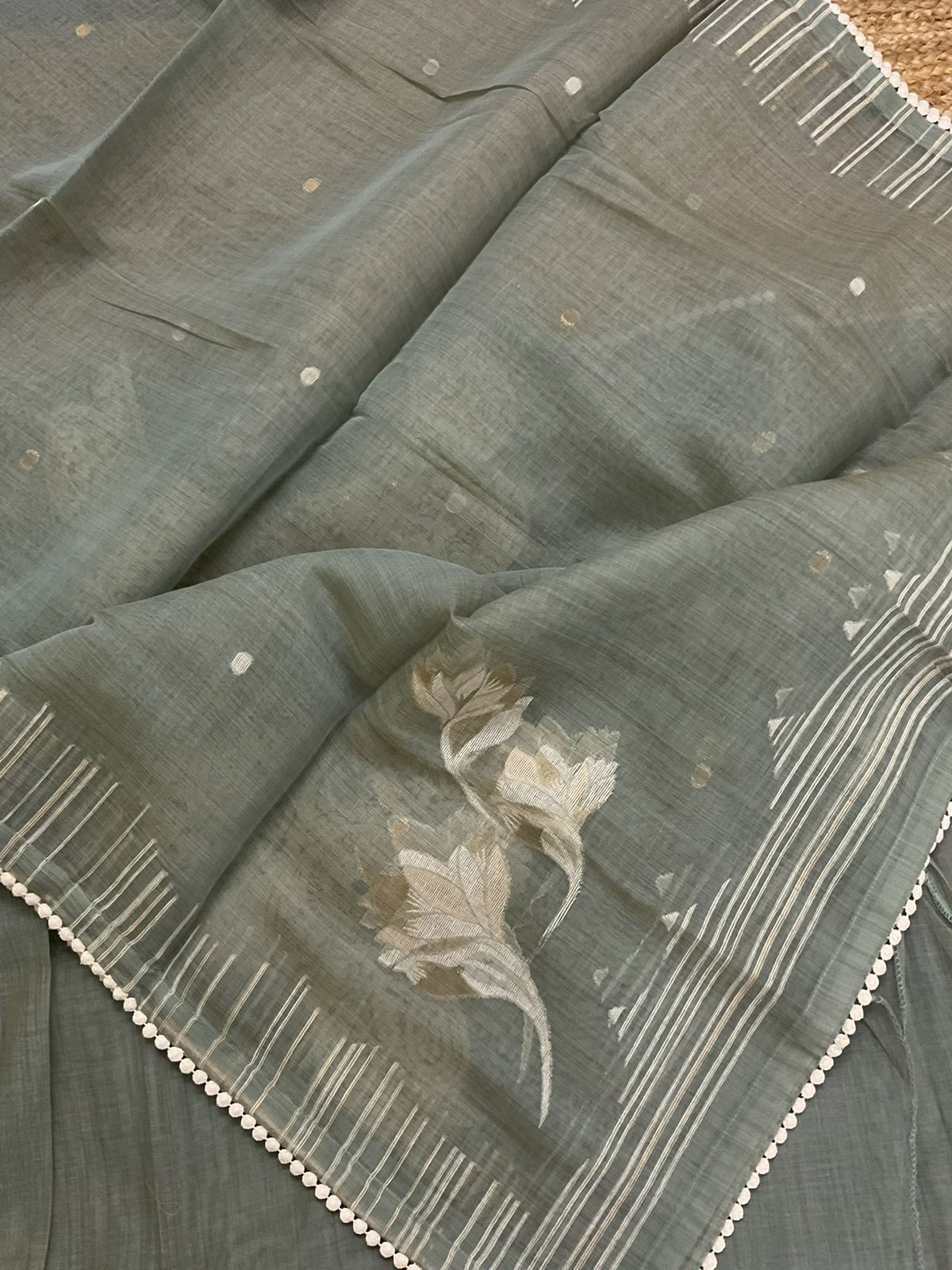 Pure Fine Slub Chanderi Jamdani Weaved Printed Embroidered Semi Stitched Suit - Greyish Blue