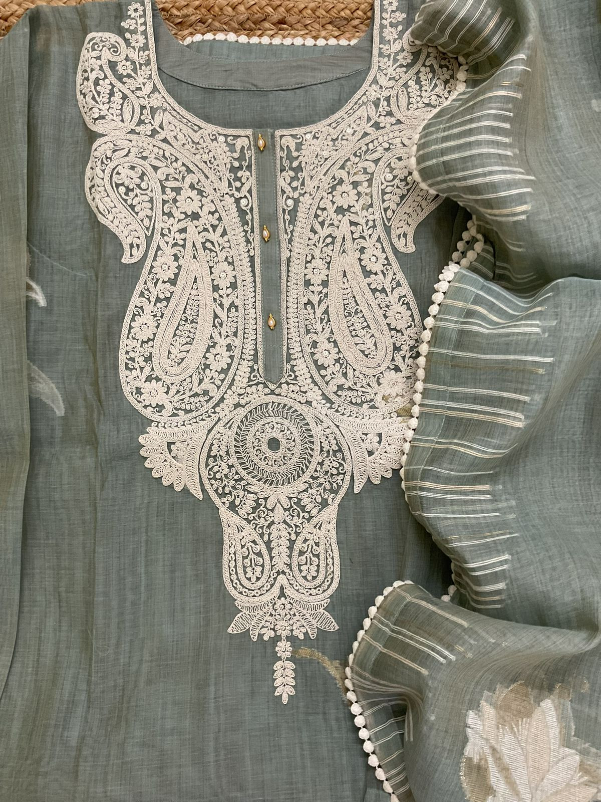 Pure Fine Slub Chanderi Jamdani Weaved Printed Embroidered Semi Stitched Suit - Greyish Blue