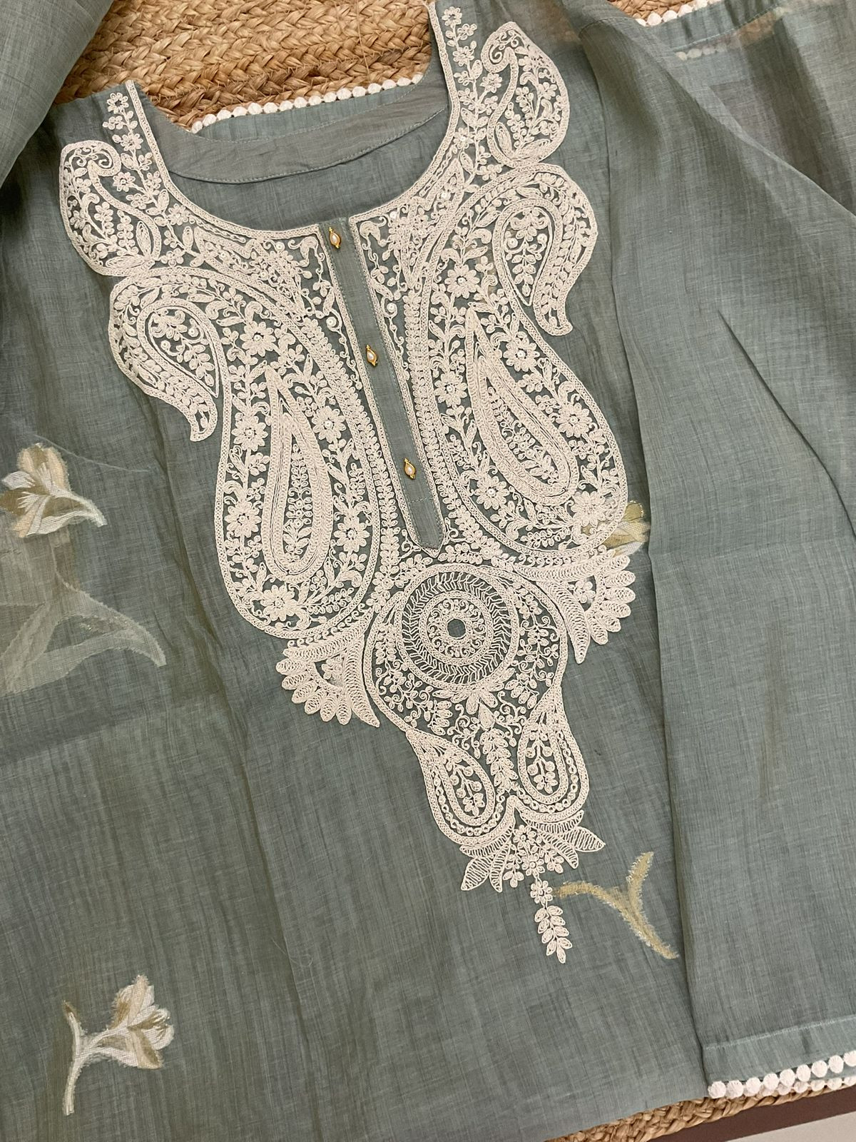 Pure Fine Slub Chanderi Jamdani Weaved Printed Embroidered Semi Stitched Suit - Greyish Blue