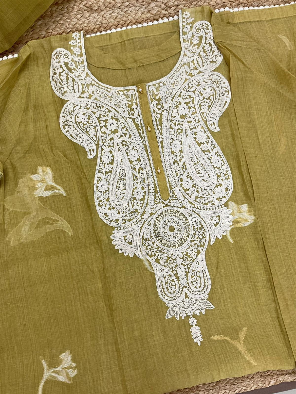 Pure Fine Slub Chanderi Jamdani Weaved Printed Embroidered Semi Stitched Suit - Mustard