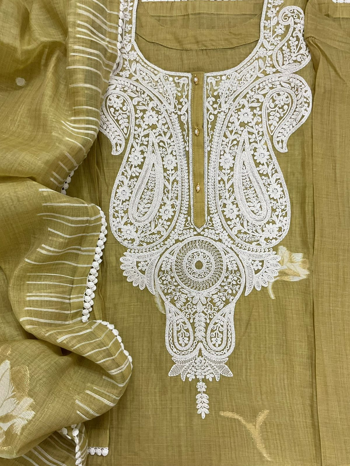 Pure Fine Slub Chanderi Jamdani Weaved Printed Embroidered Semi Stitched Suit - Mustard