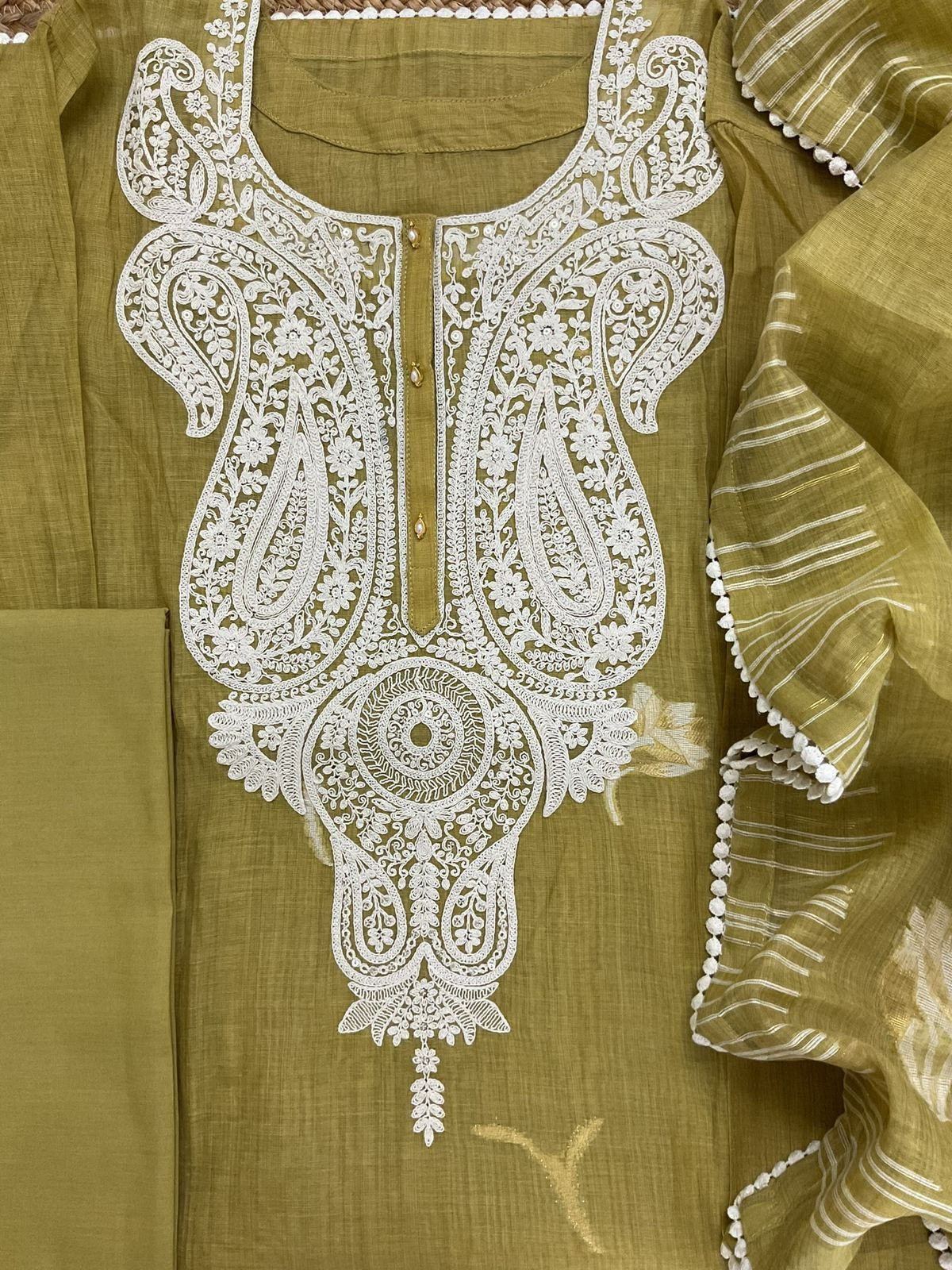 Pure Fine Slub Chanderi Jamdani Weaved Printed Embroidered Semi Stitched Suit - Mustard