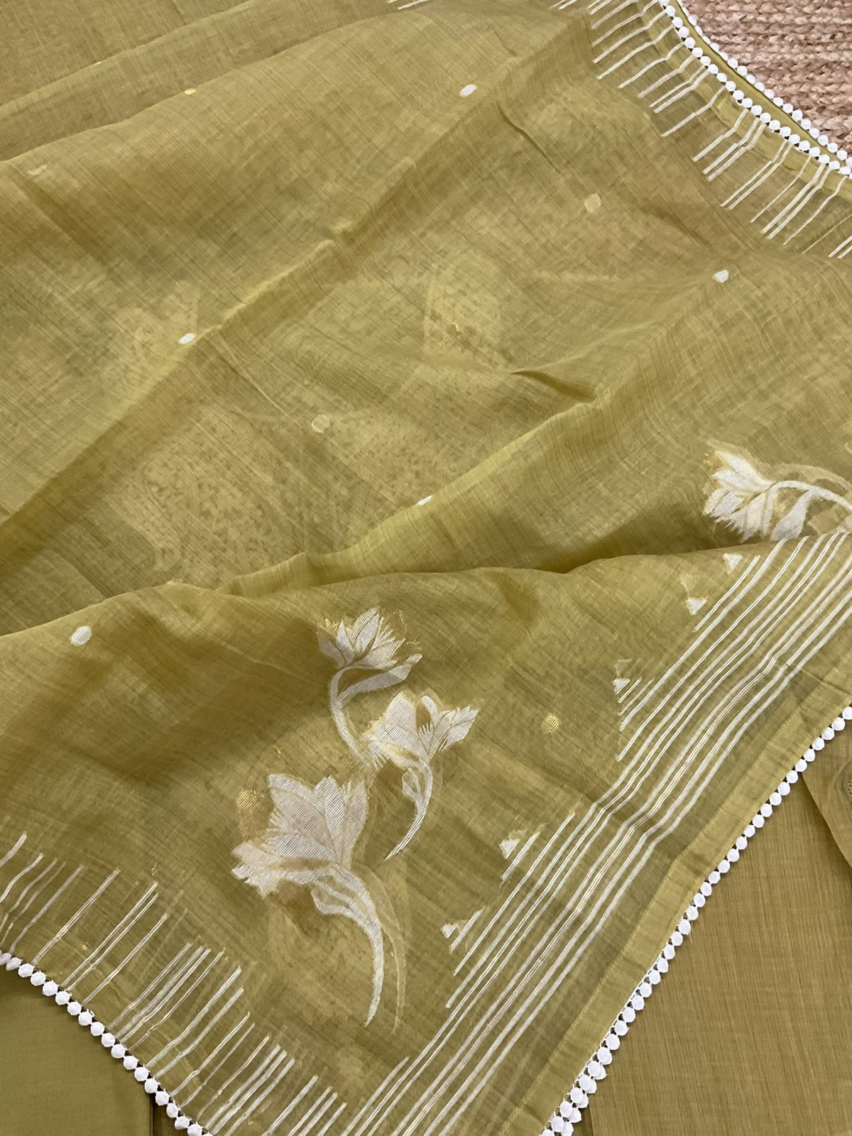 Pure Fine Slub Chanderi Jamdani Weaved Printed Embroidered Semi Stitched Suit - Mustard