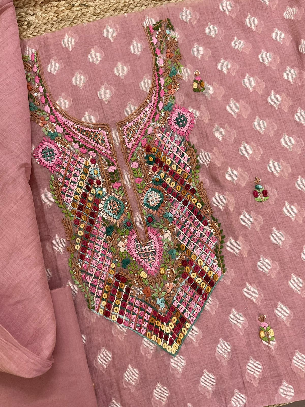 Pure Fine Slub Chanderi Jamdani Weaved Printed Embroidered Suit - Pink