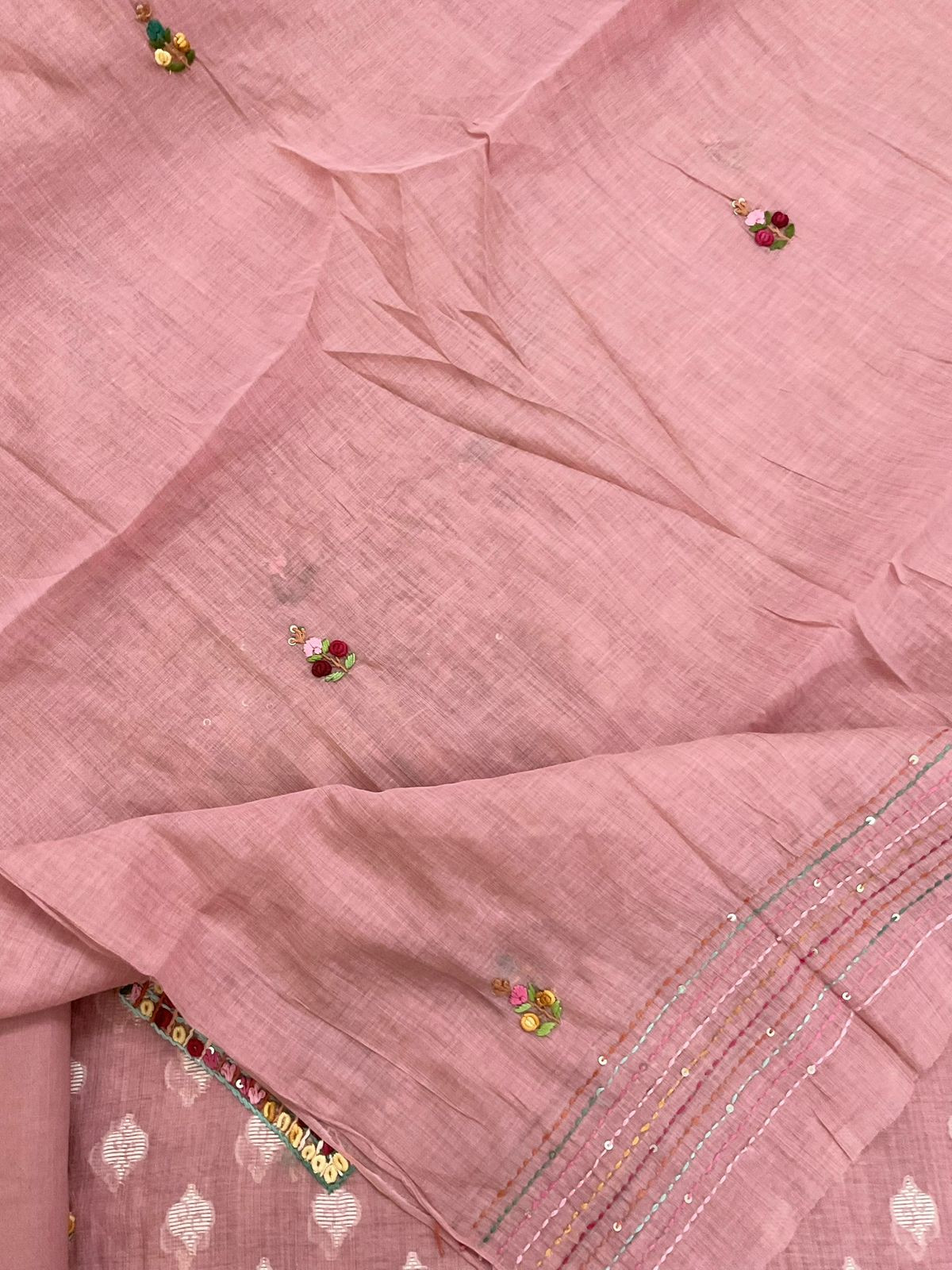 Pure Fine Slub Chanderi Jamdani Weaved Printed Embroidered Suit - Pink