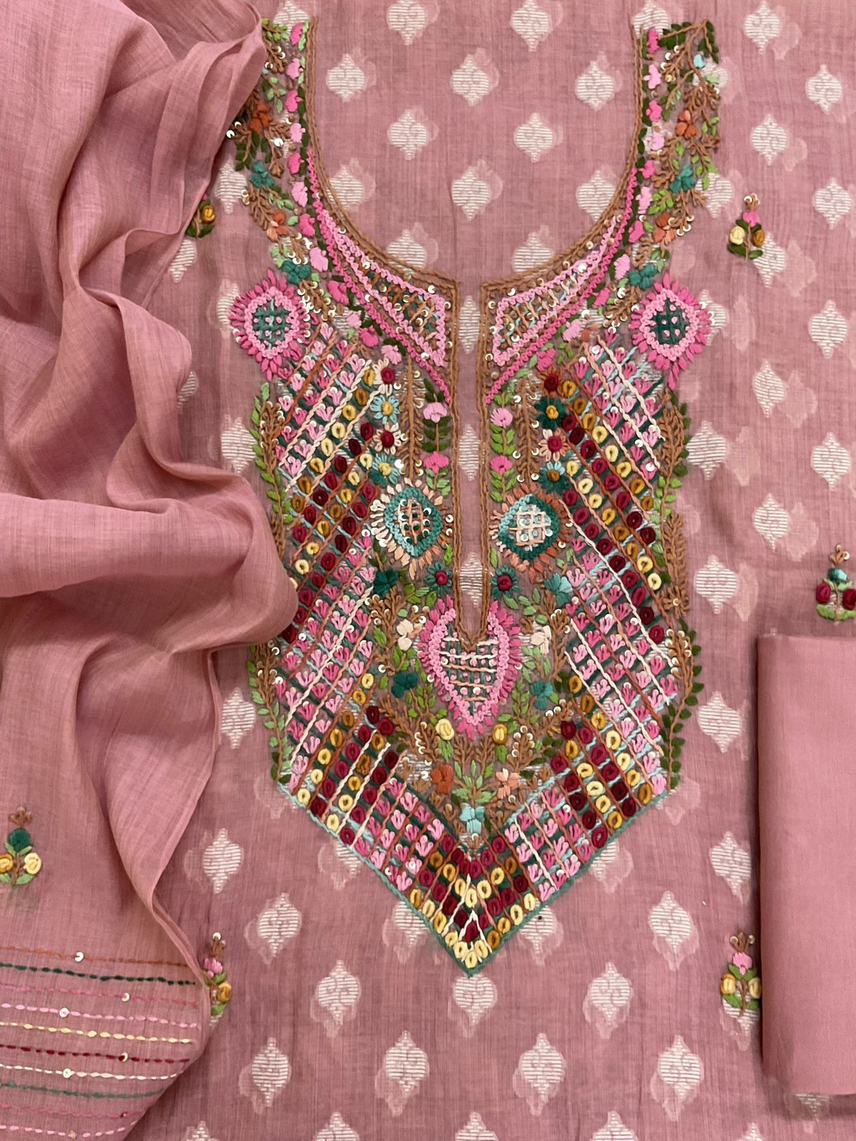 Pure Fine Slub Chanderi Jamdani Weaved Printed Embroidered Suit - Pink