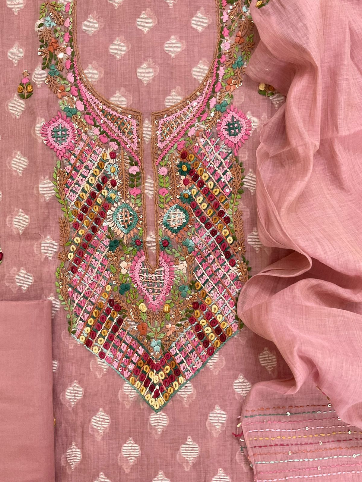 Pure Fine Slub Chanderi Jamdani Weaved Printed Embroidered Suit - Pink