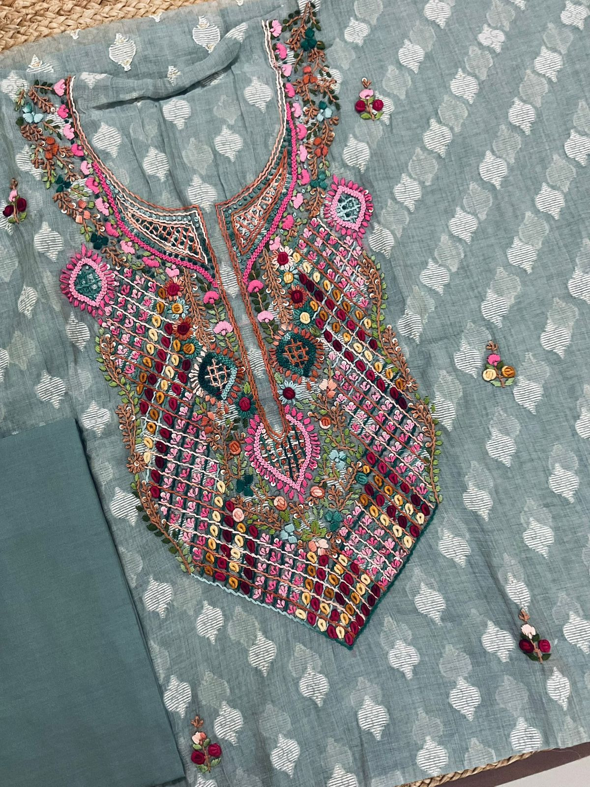 Pure Fine Slub Chanderi Jamdani Weaved Printed Embroidered Suit - Greyish Blue