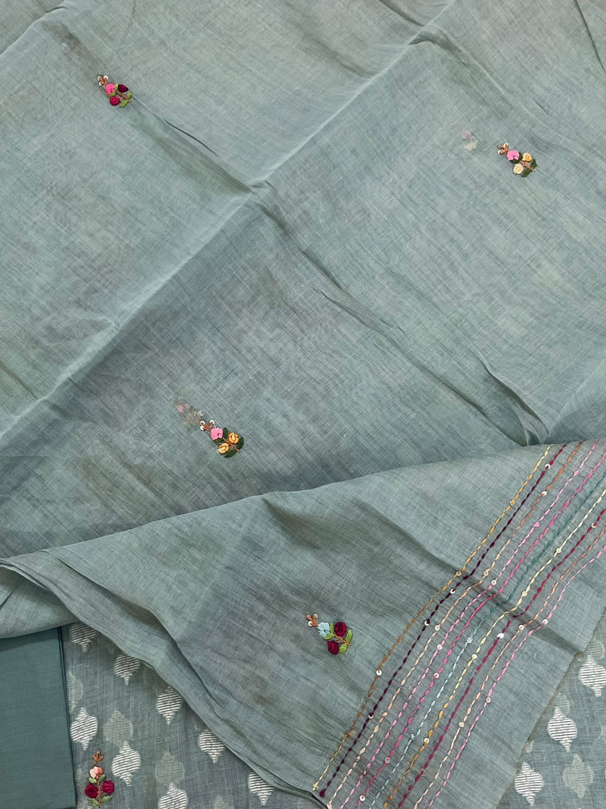 Pure Fine Slub Chanderi Jamdani Weaved Printed Embroidered Suit - Greyish Blue