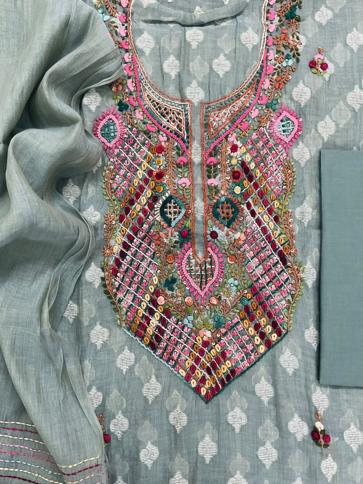 Pure Fine Slub Chanderi Jamdani Weaved Printed Embroidered Suit - Greyish Blue