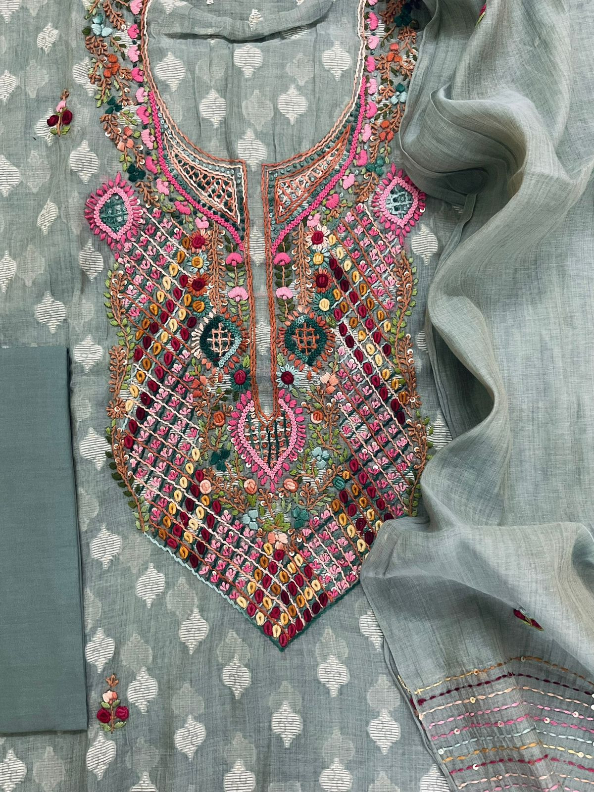 Pure Fine Slub Chanderi Jamdani Weaved Printed Embroidered Suit - Greyish Blue