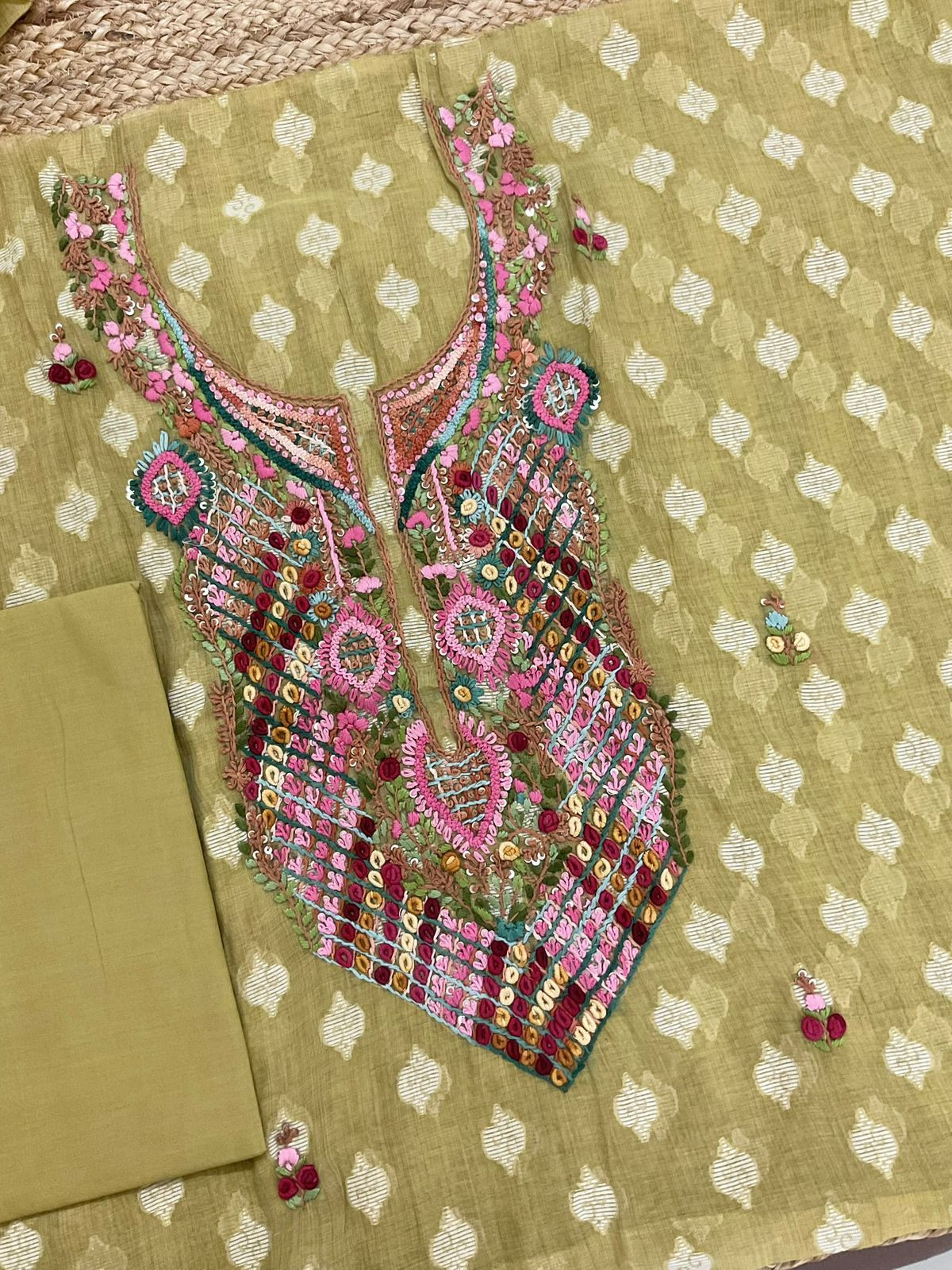 Pure Fine Slub Chanderi Jamdani Weaved Printed Embroidered Suit - Mustard