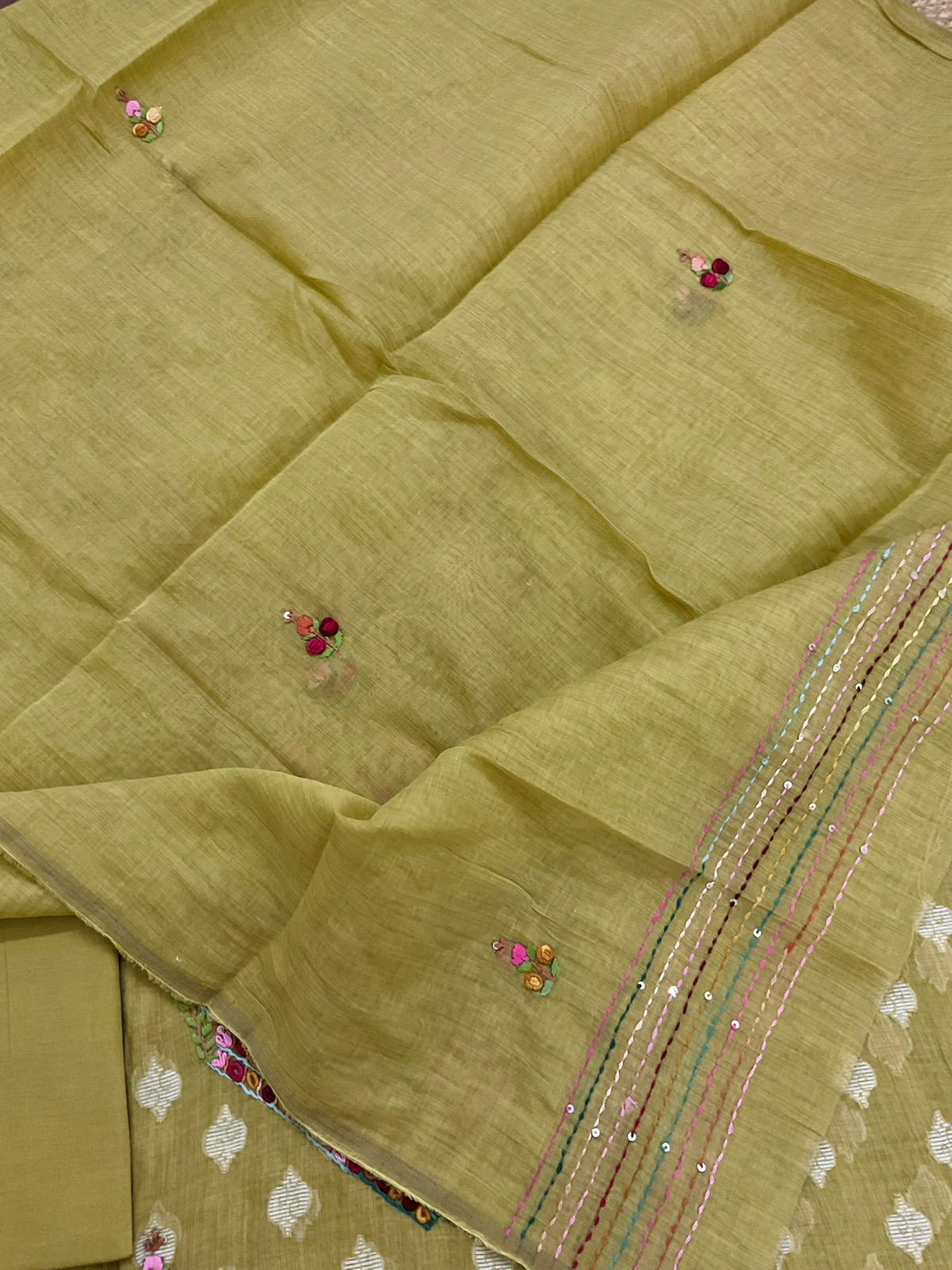 Pure Fine Slub Chanderi Jamdani Weaved Printed Embroidered Suit - Mustard