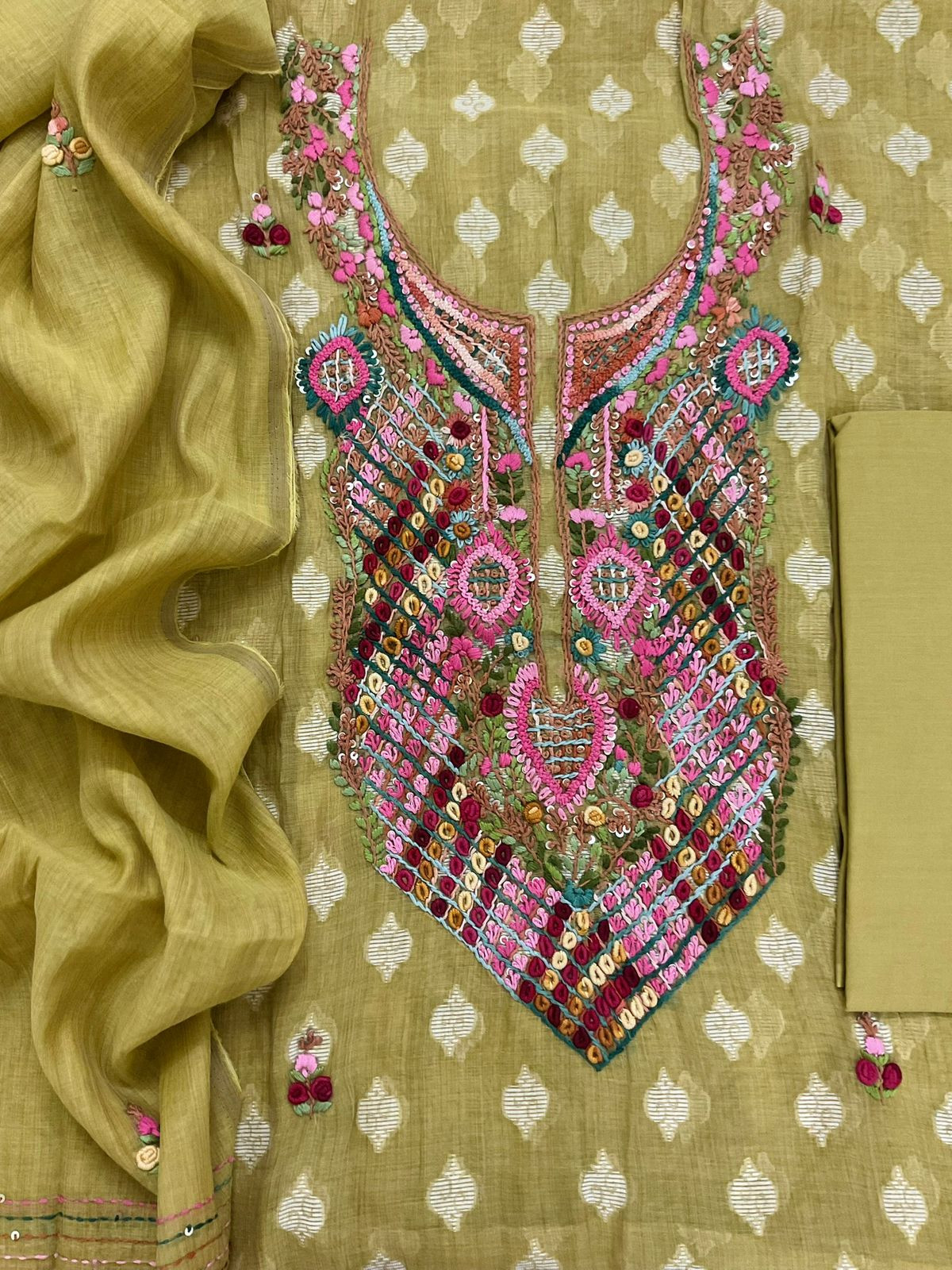 Pure Fine Slub Chanderi Jamdani Weaved Printed Embroidered Suit - Mustard