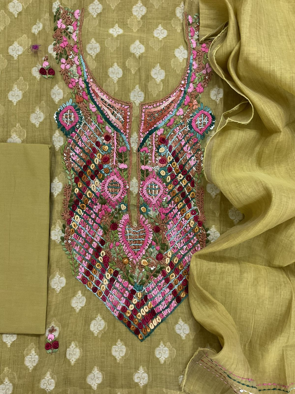 Pure Fine Slub Chanderi Jamdani Weaved Printed Embroidered Suit - Mustard