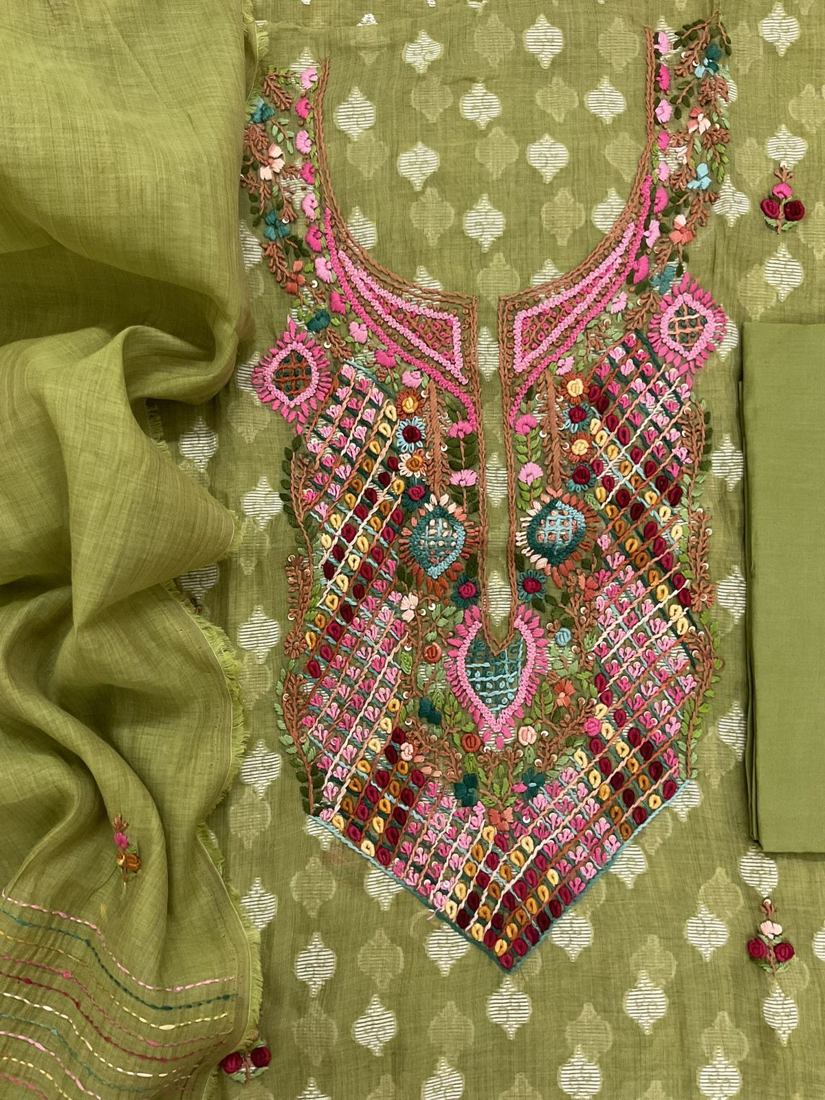 Pure Fine Slub Chanderi Jamdani Weaved Printed Embroidered Suit - Green