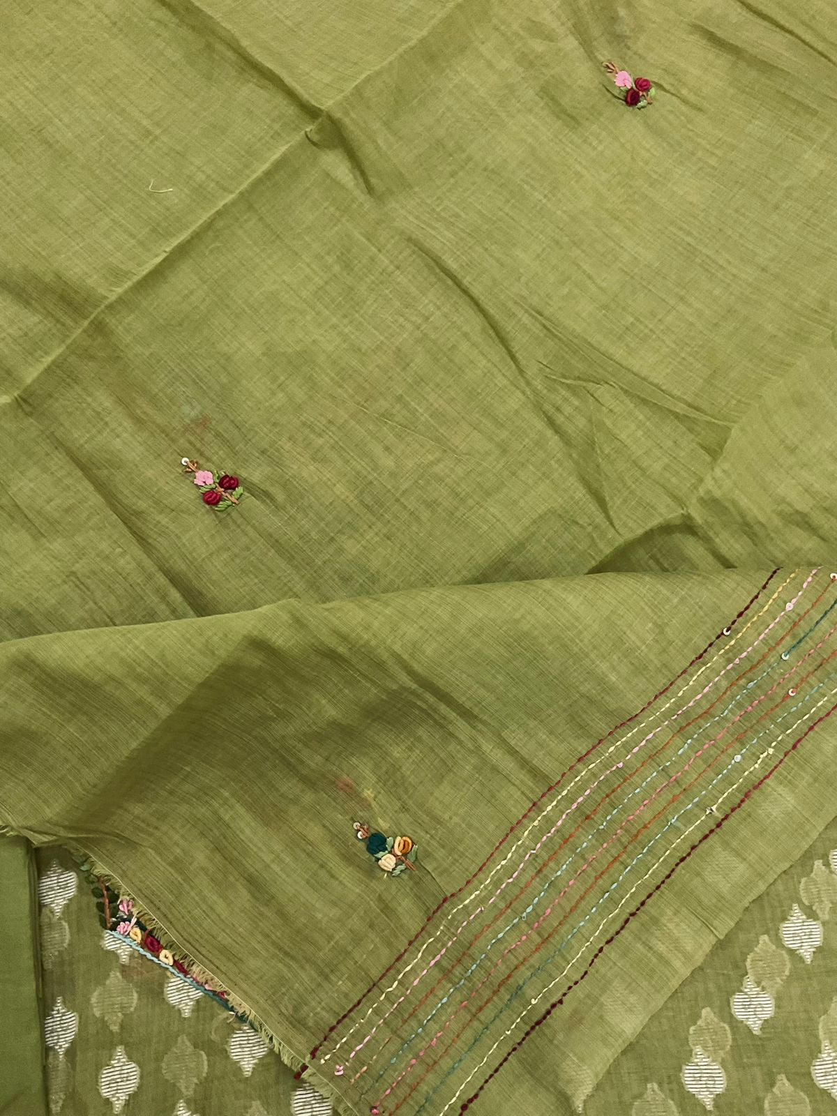 Pure Fine Slub Chanderi Jamdani Weaved Printed Embroidered Suit - Green