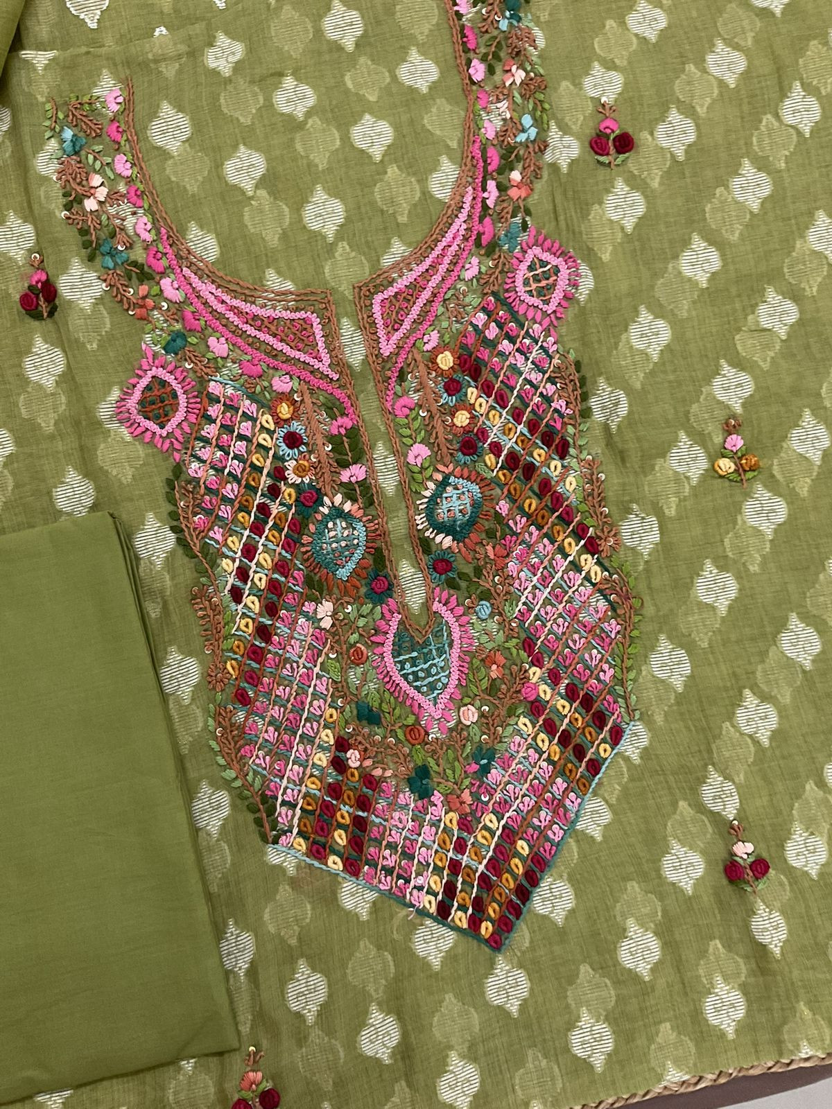 Pure Fine Slub Chanderi Jamdani Weaved Printed Embroidered Suit - Green