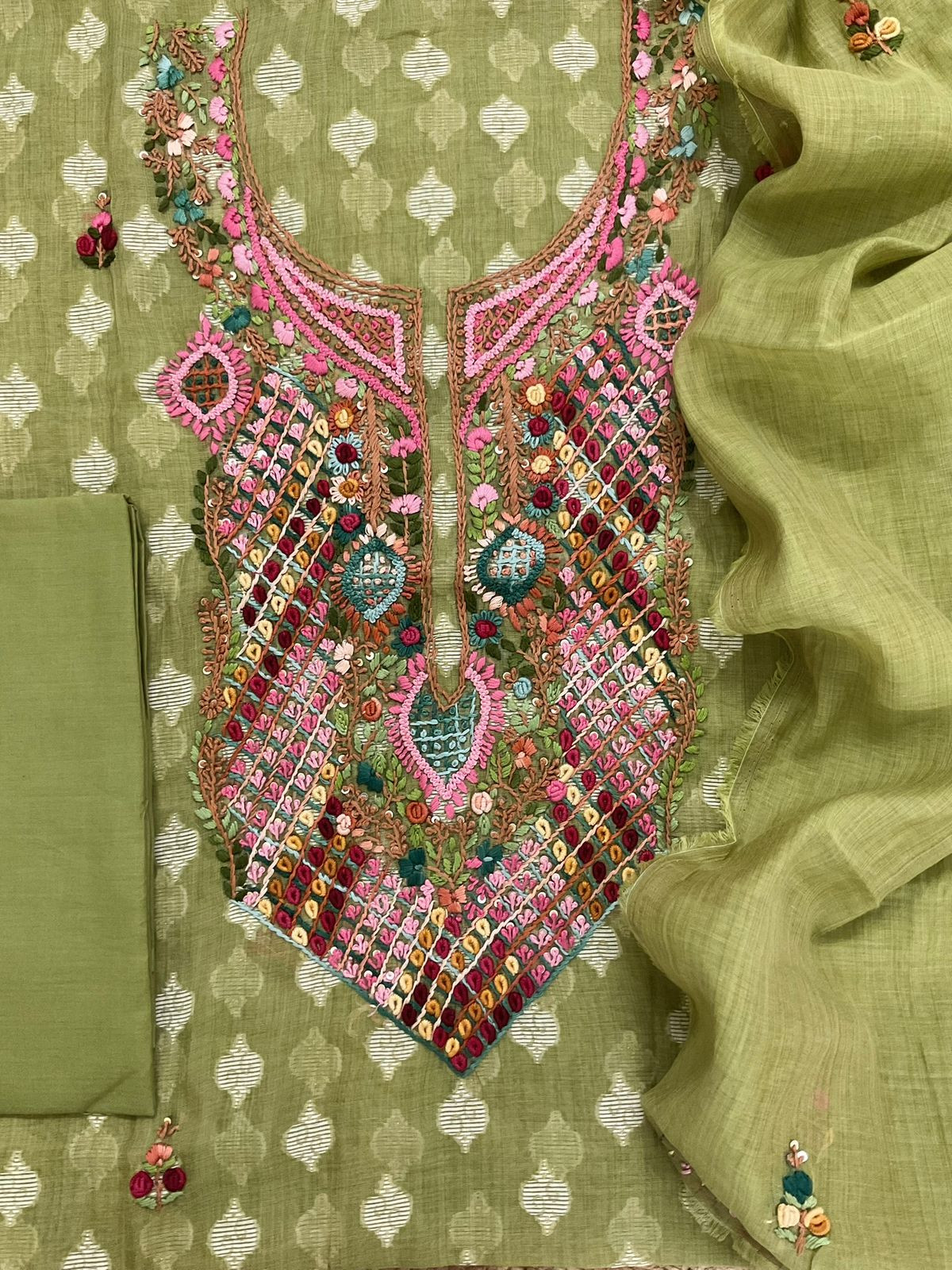 Pure Fine Slub Chanderi Jamdani Weaved Printed Embroidered Suit - Green