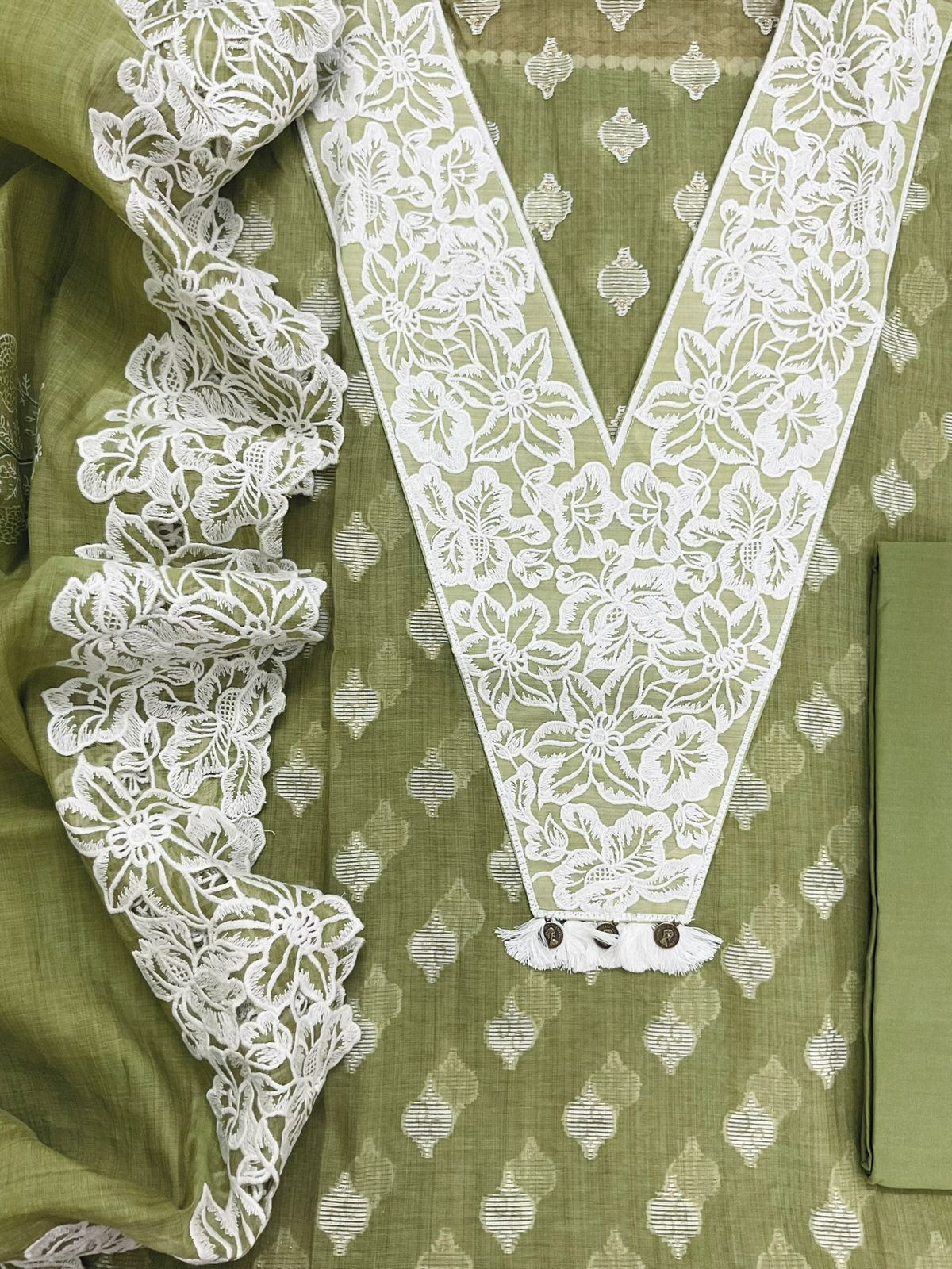 Pure Fine Slub Chanderi Jamdani Weaved Printed Embroidered Suit - Green