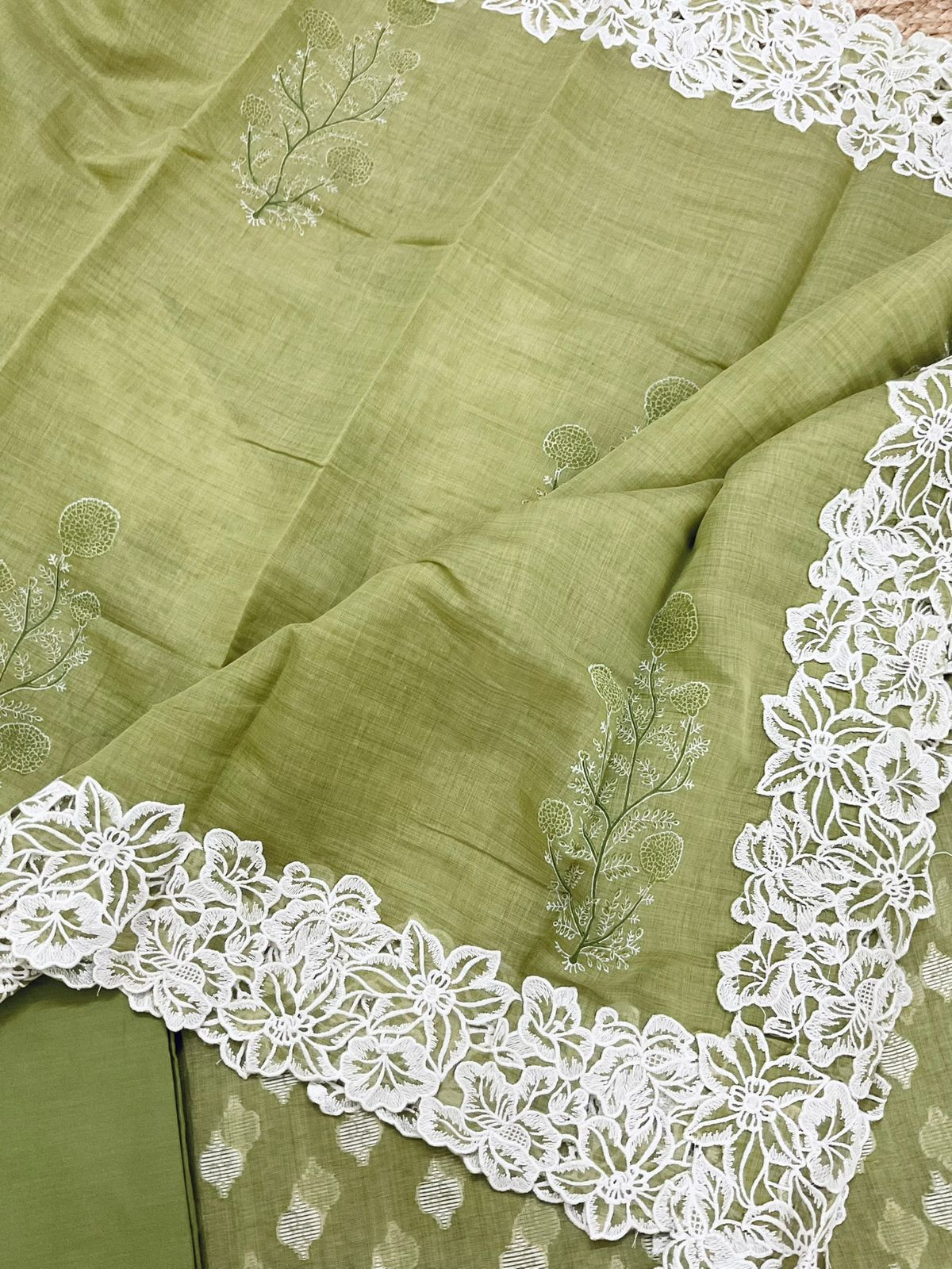 Pure Fine Slub Chanderi Jamdani Weaved Printed Embroidered Suit - Green