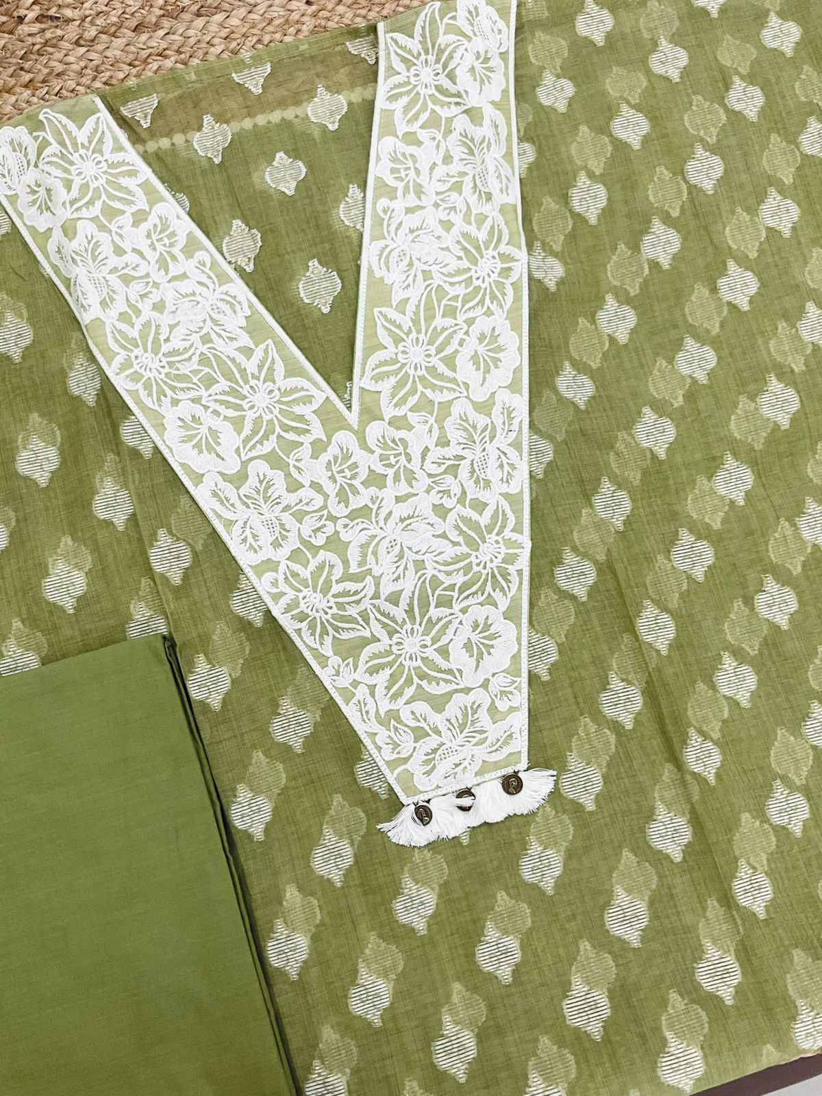 Pure Fine Slub Chanderi Jamdani Weaved Printed Embroidered Suit - Green