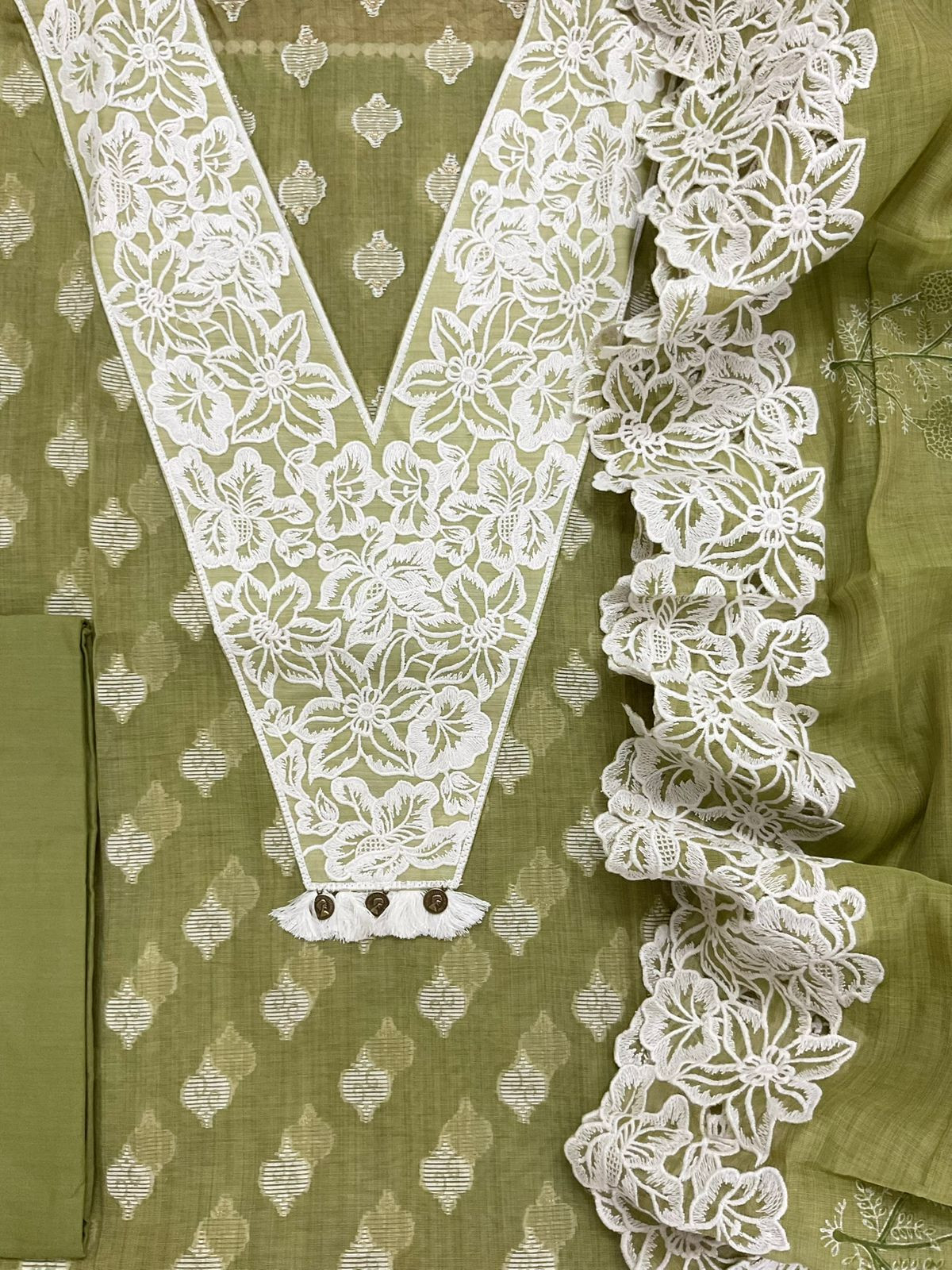 Pure Fine Slub Chanderi Jamdani Weaved Printed Embroidered Suit - Green