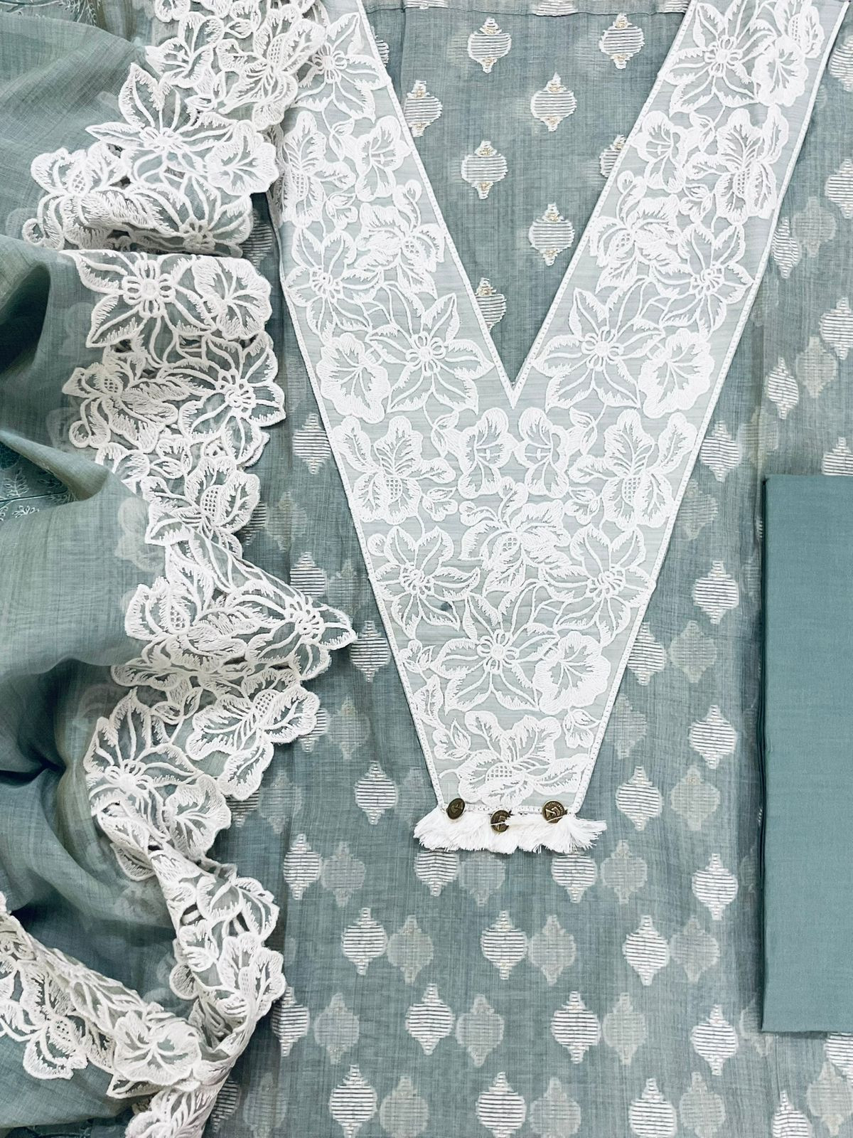 Pure Fine Slub Chanderi Jamdani Weaved Printed Embroidered Suit - Greyish Blue