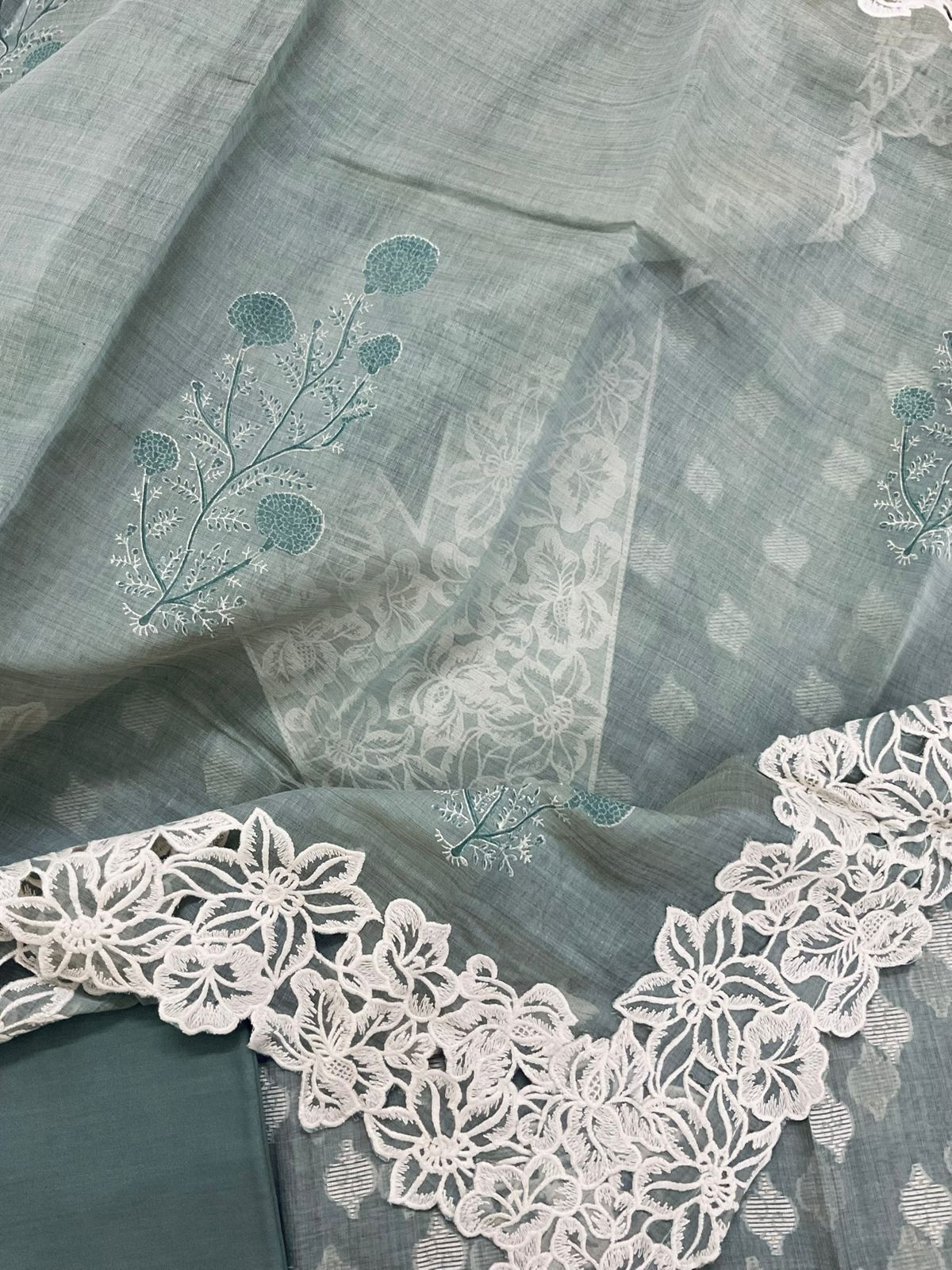 Pure Fine Slub Chanderi Jamdani Weaved Printed Embroidered Suit - Greyish Blue