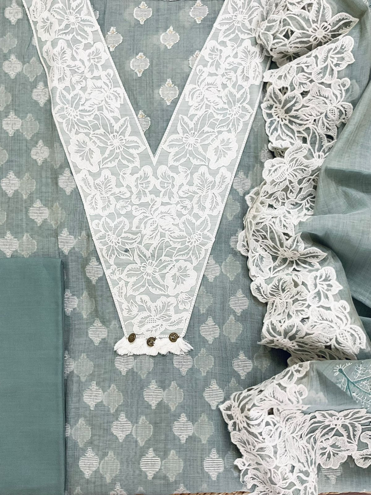 Pure Fine Slub Chanderi Jamdani Weaved Printed Embroidered Suit - Greyish Blue