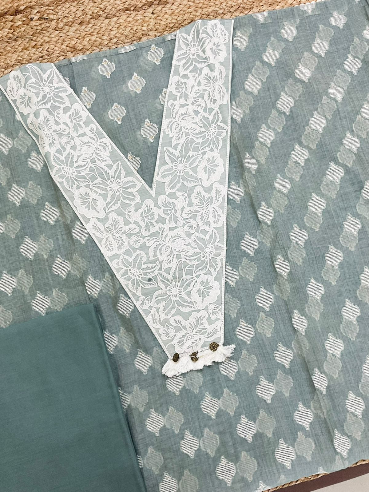 Pure Fine Slub Chanderi Jamdani Weaved Printed Embroidered Suit - Greyish Blue