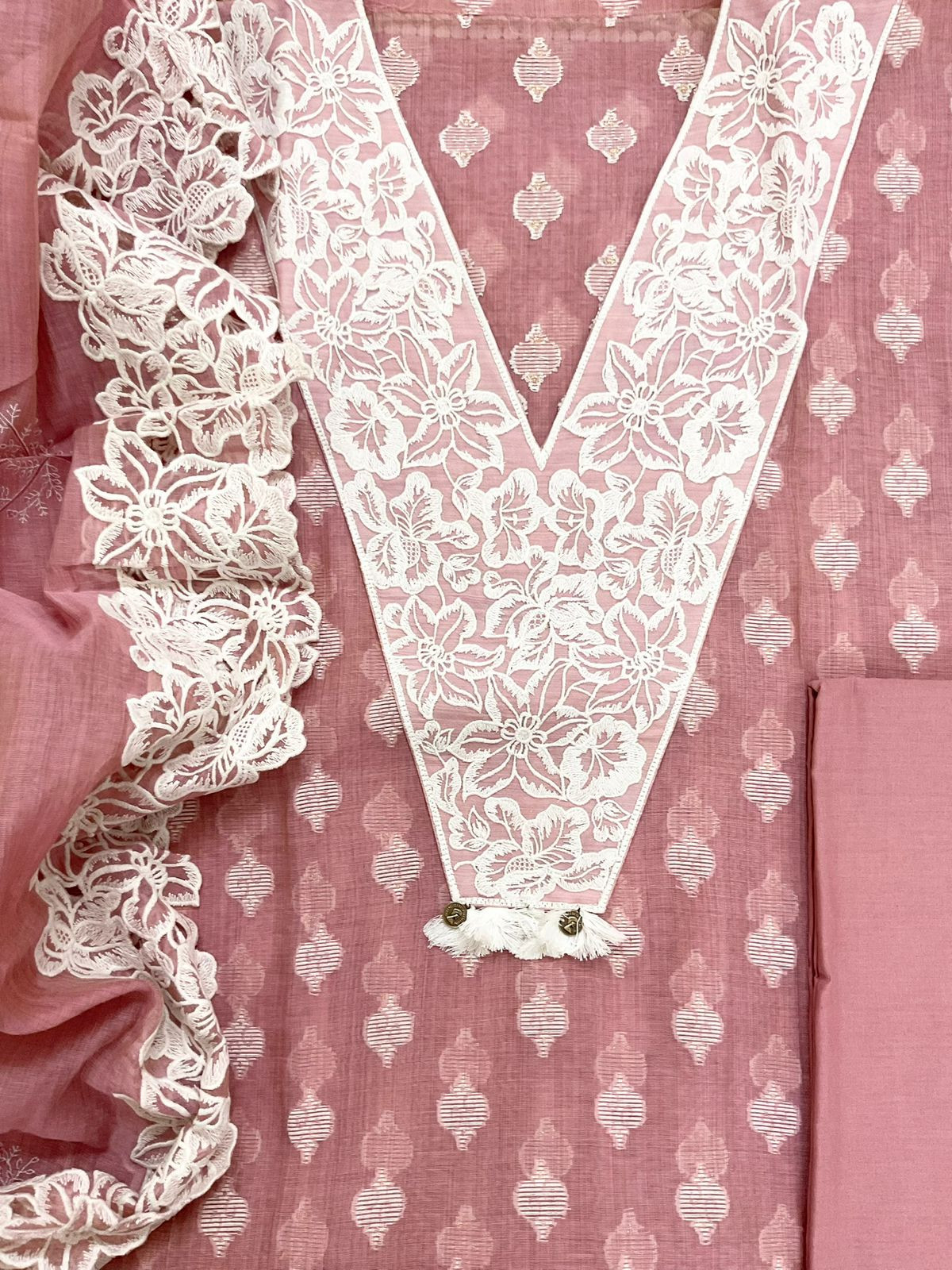 Pure Fine Slub Chanderi Jamdani Weaved Printed Embroidered Suit - Pink